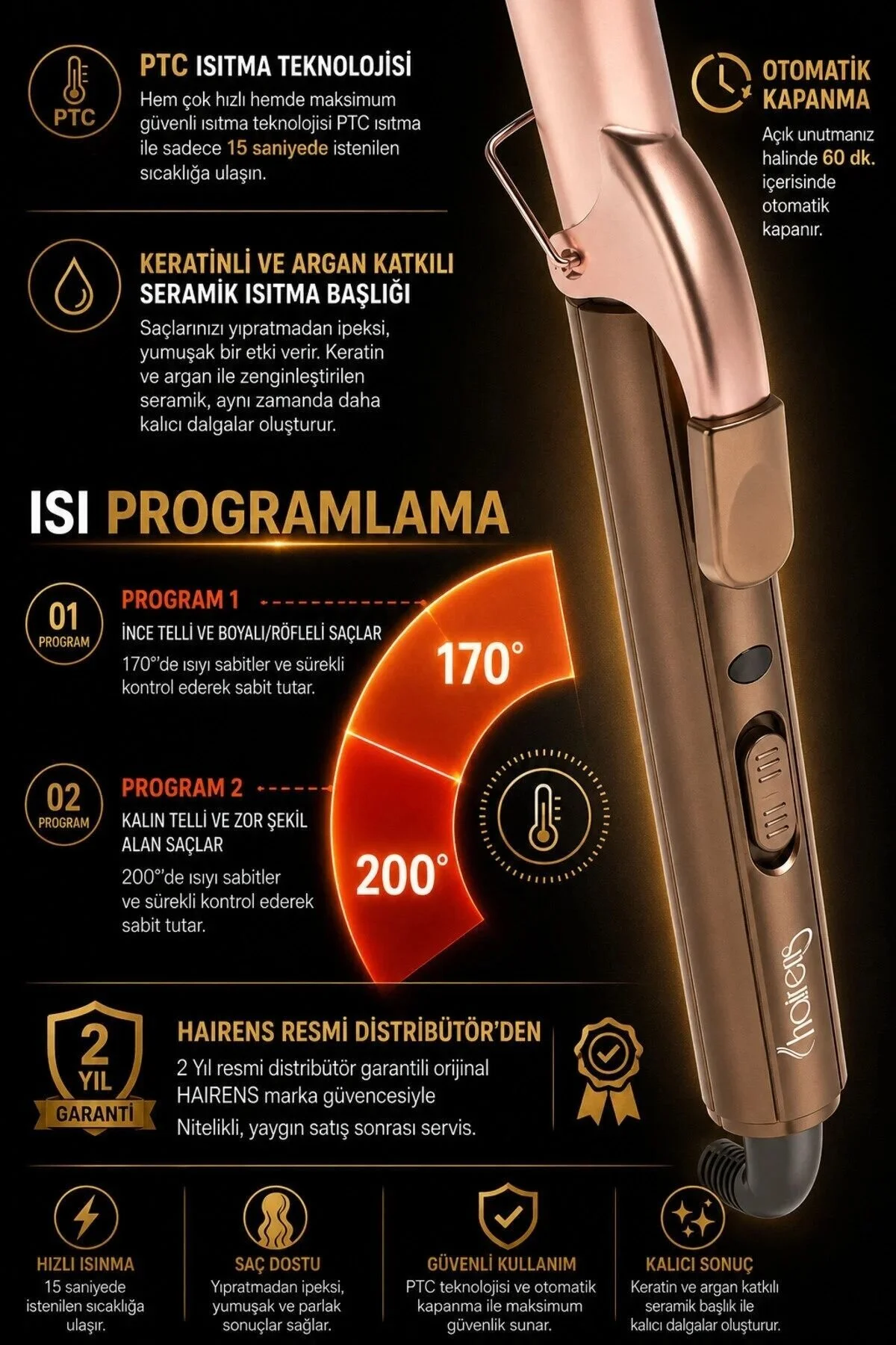 Sıcaklık kontrolü ve seramik kaplamalı özelliklere sahip altın rengi Hairens maşa.