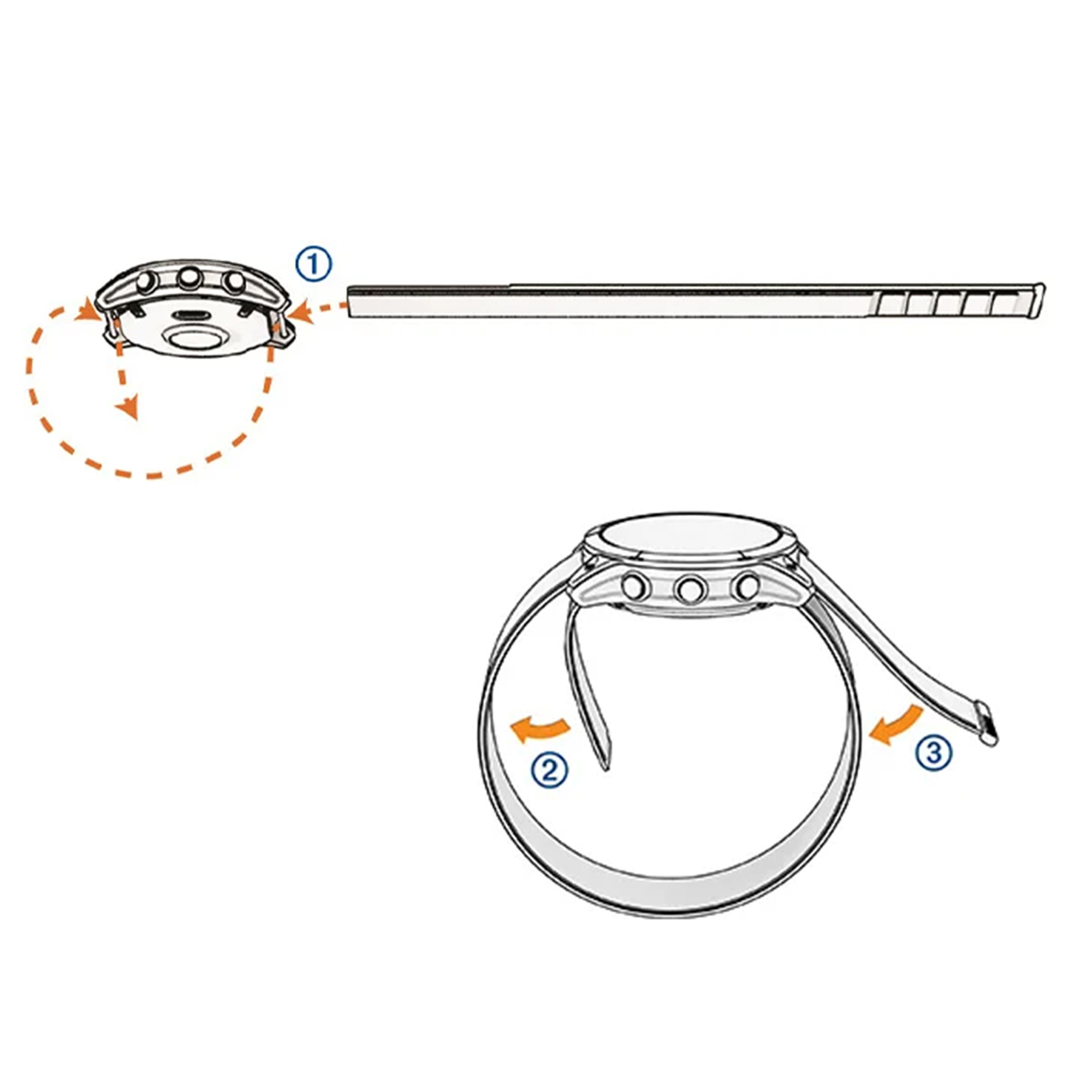 Diagramm zum Anbringen und Anpassen eines Uhrenarmbands mit drei nummerierten Schritten.