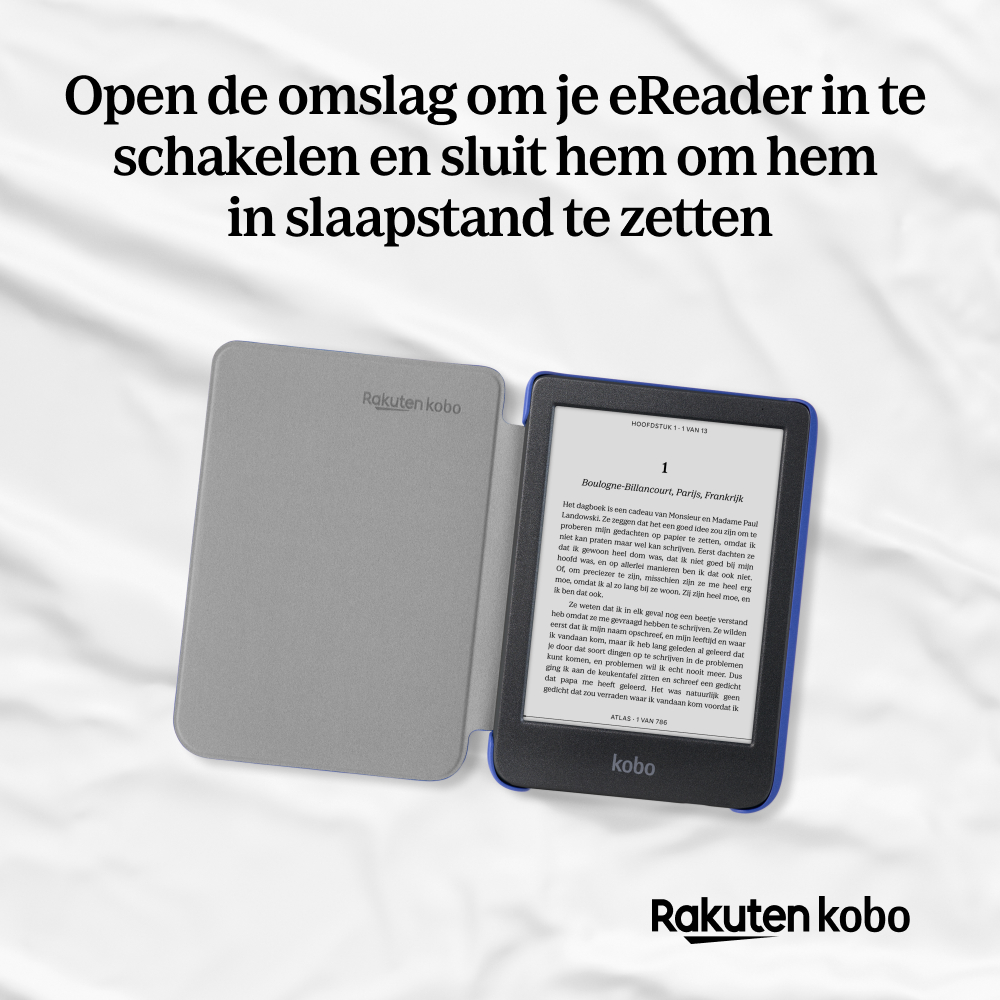 Açık kılıflı mavi bir Rakuten Kobo e-okuyucu beyaz bez üzerinde, üstte metin var.