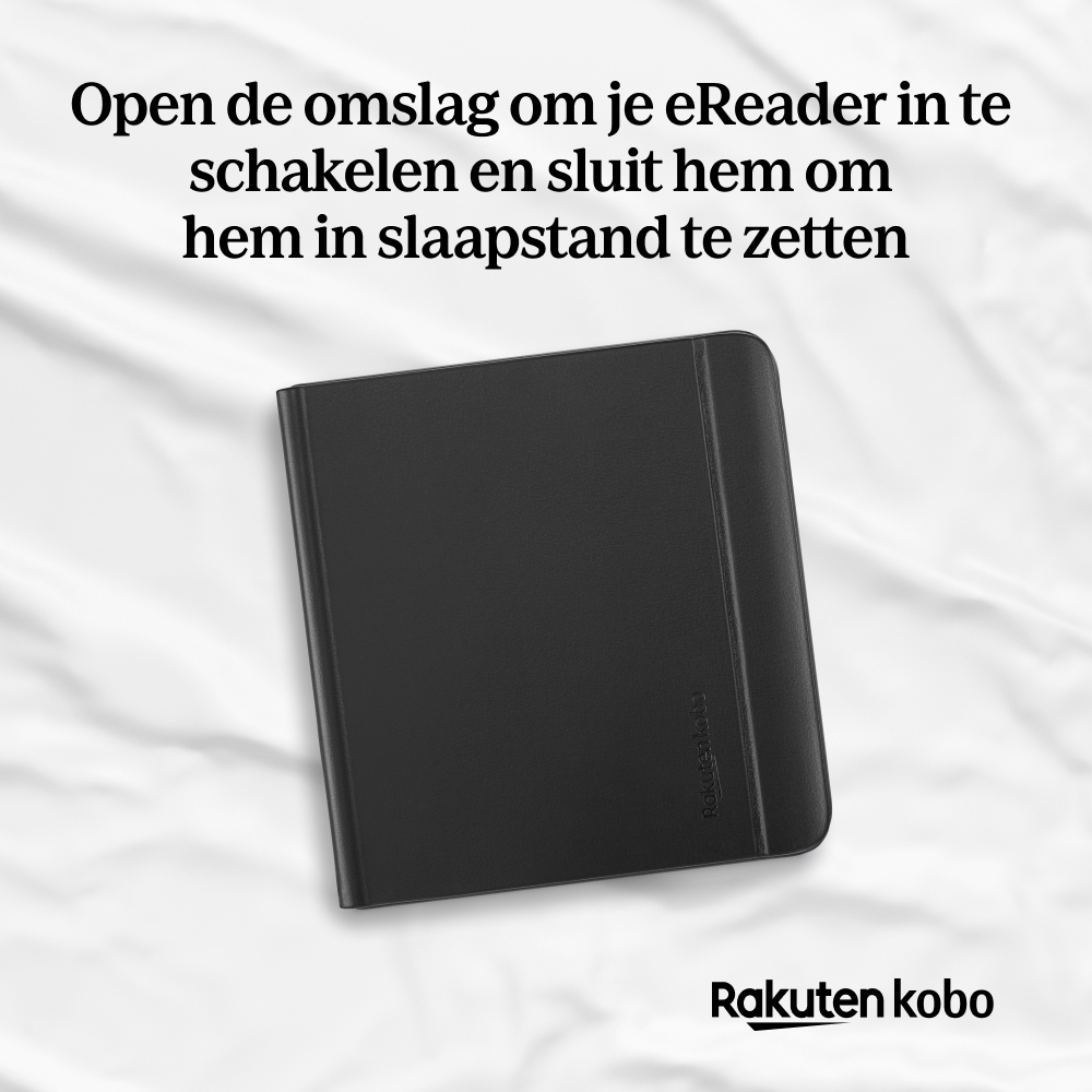 Beyaz kumaş üzerinde siyah Kobo e-okuyucu kılıfı, üstte Hollandaca metin ve altta Rakuten Kobo logosu.