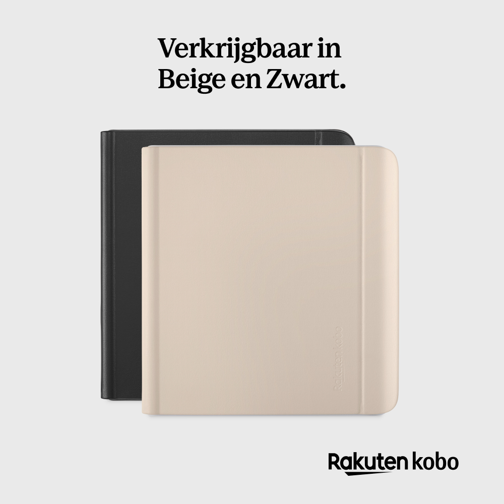 Açık gri arka plan üzerinde bej ve siyah renklerde iki e-okuyucu kılıfı, Rakuten Kobo markasıyla.
