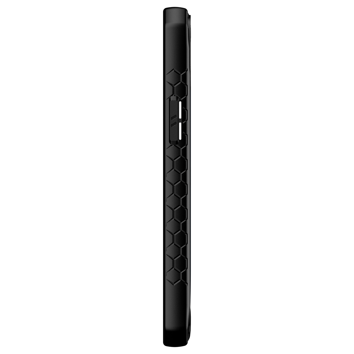 Seitenansicht einer schwarzen Smartphone-Hülle mit Wabenmuster und Lautstärketasten auf weißem Hintergrund.