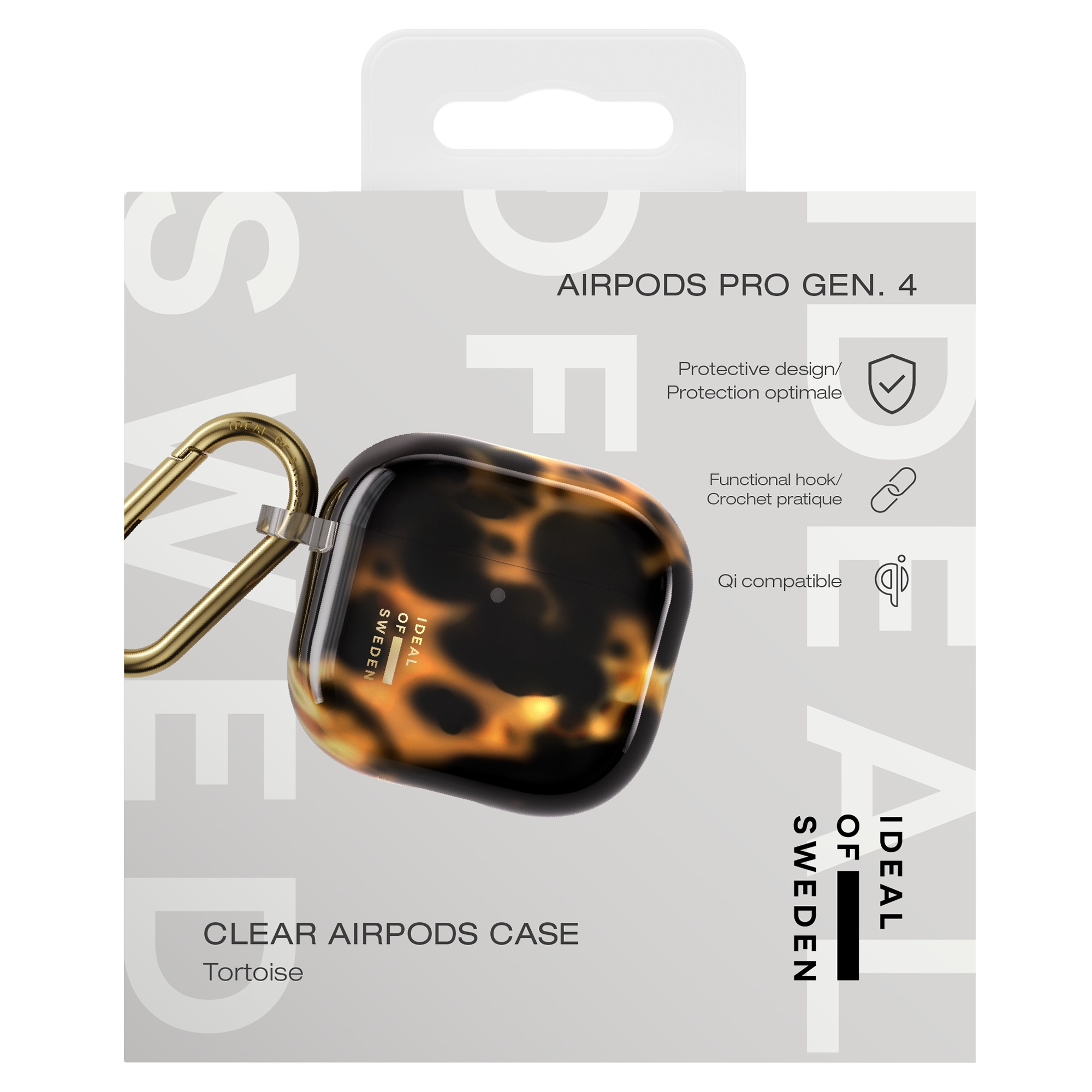 Tortoise-Muster Airpods Pro Hülle in Verpackung mit goldenem Karabiner.