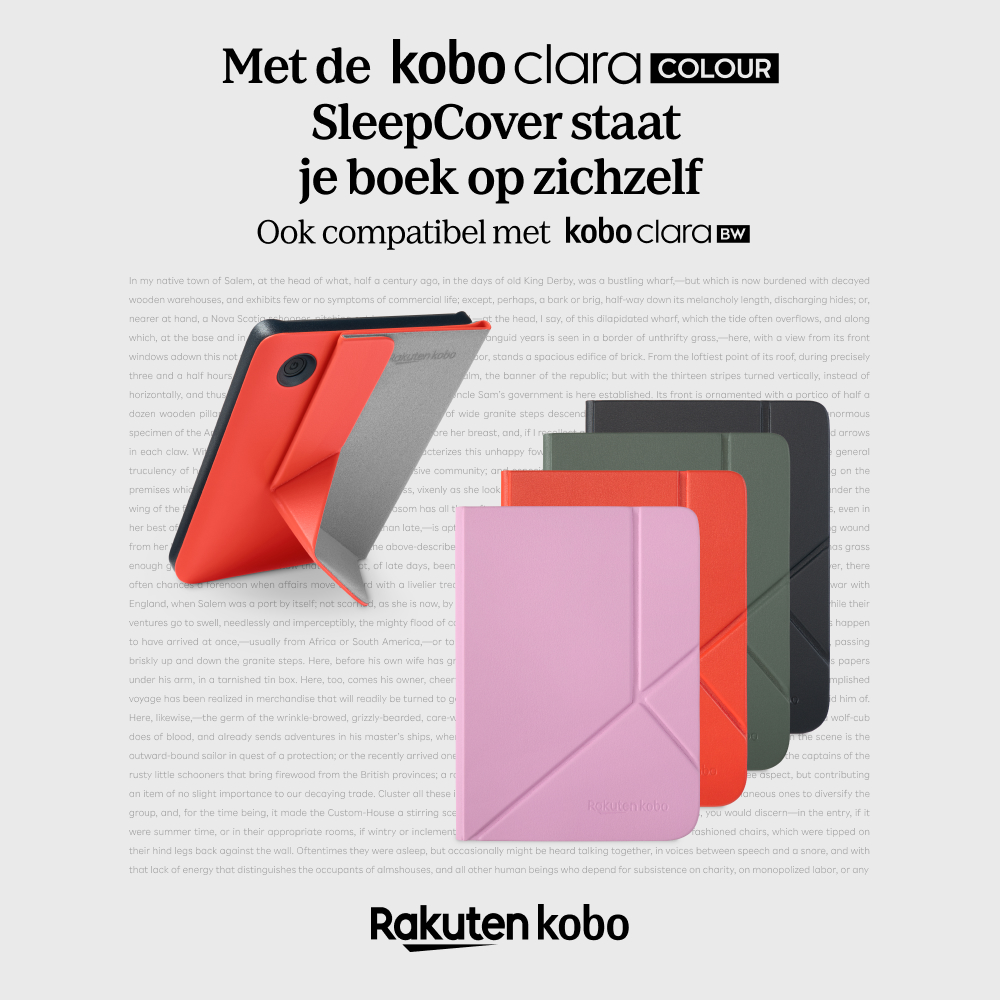 Pembe, kırmızı, yeşil ve siyah renklerde çok renkli kılıflar gösteren bir Kobo Clara SleepCover reklamı.