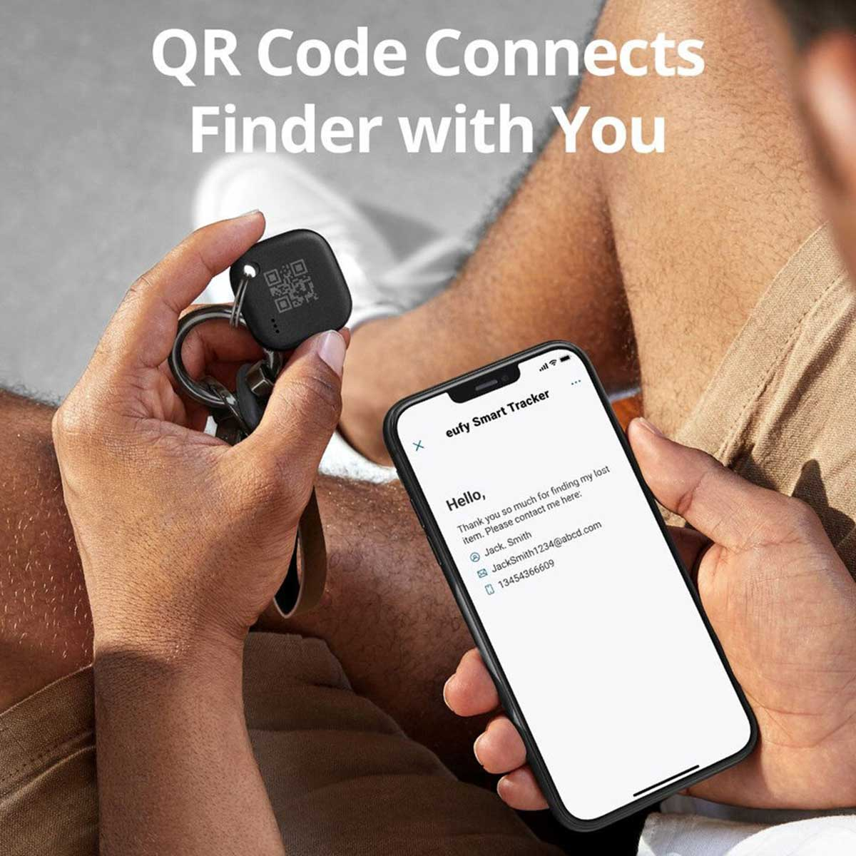 A person holds keys with a QR code tracker and a smartphone displaying a contact message.
