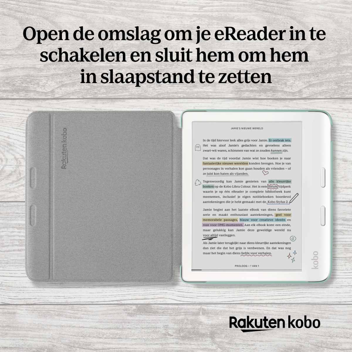 Ahşap bir yüzey üzerinde koruyucu kılıflı, Hollandaca metin içeren açık renkli bir e-okuyucu.