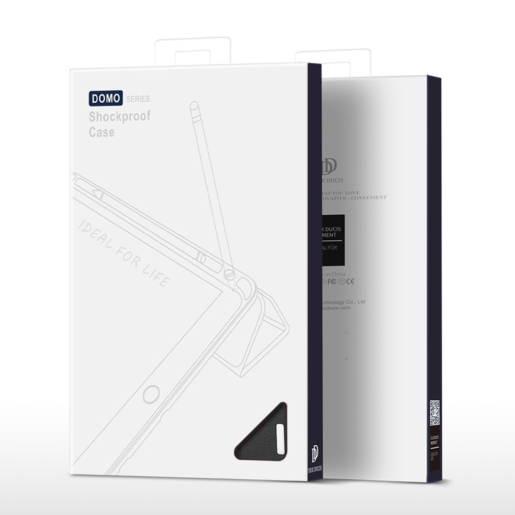 Weiße Produktverpackung für eine stoßfeste Tablet-Hülle der Serie Domo mit Stift.
