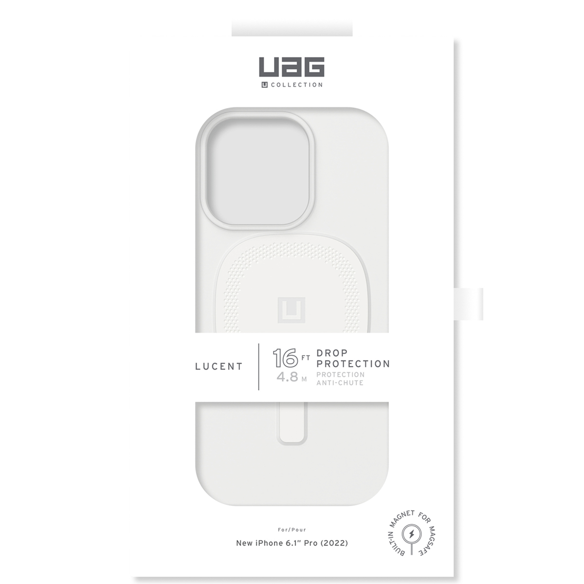 Weisse UAG Lucent Handyshuette in Verpackung fuer iPhone 16 Pro mit 4.8m Sturzschutz und MagSafe.