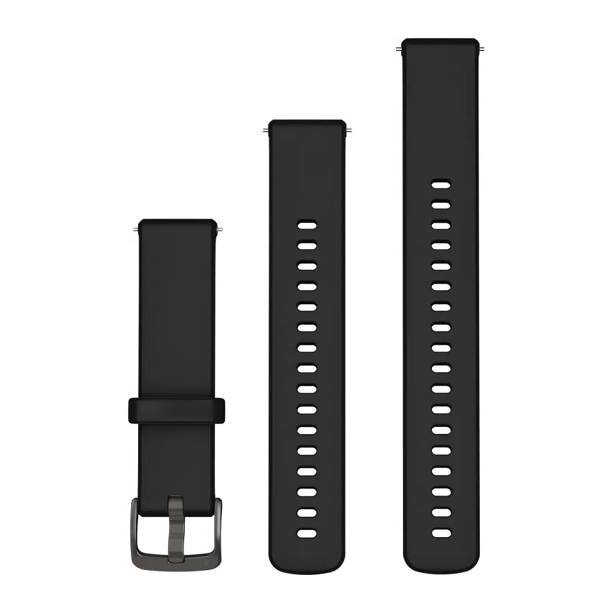 Tre cinturini per orologio in silicone nero di diverse lunghezze con fibbia in metallo su sfondo bianco.