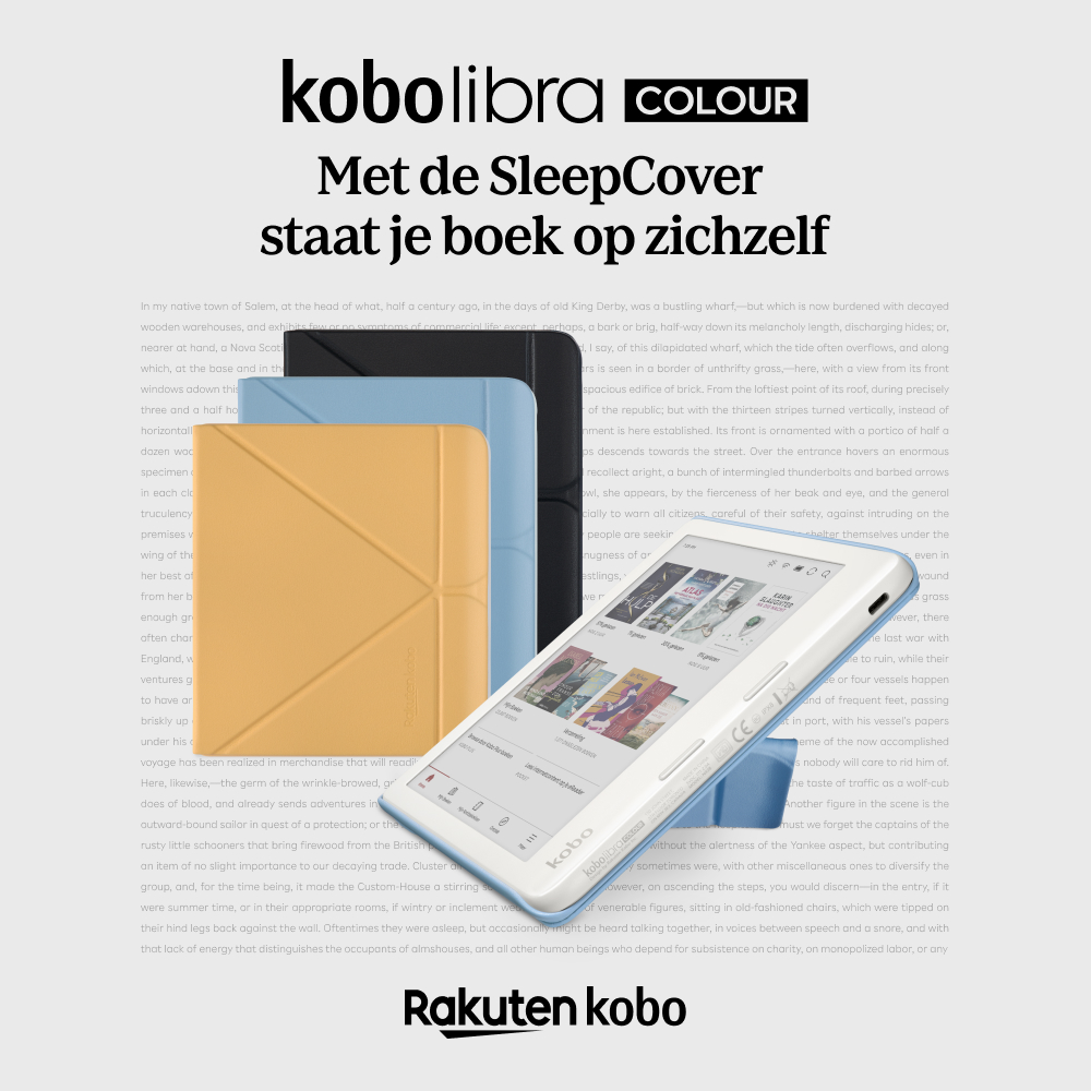 Kobo Libra Colour e-reader mit Schlafschutz in Schwarz, Blau und Gelb vor einem Textgrund.