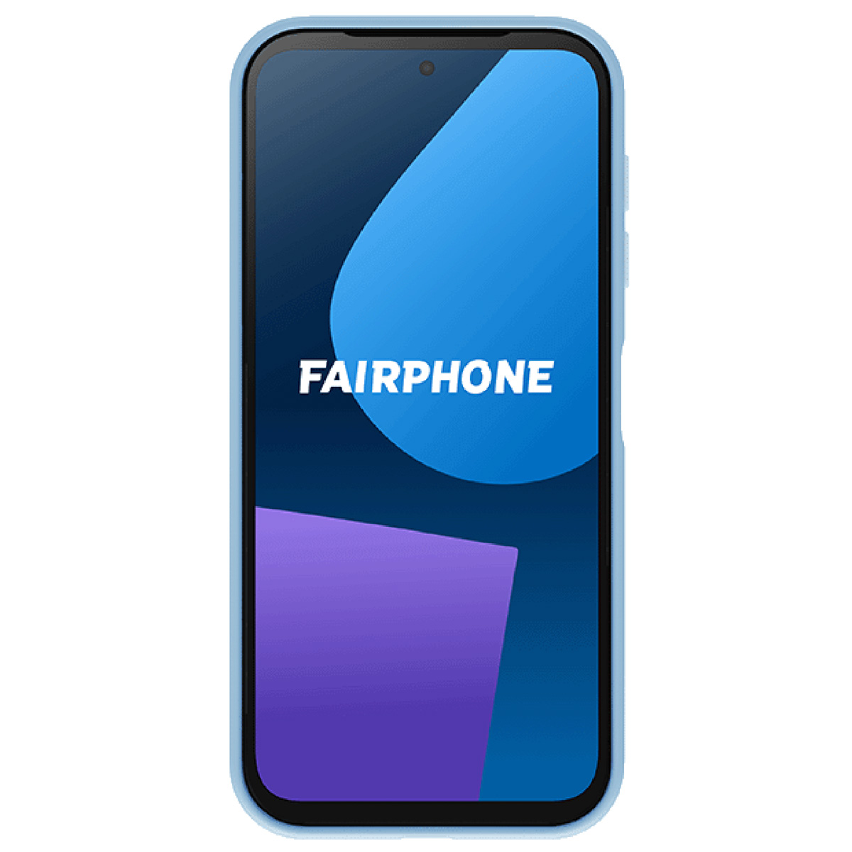 Ein blaues Fairphone mit geometrischem Hintergrund und weißem Markenschriftzug.