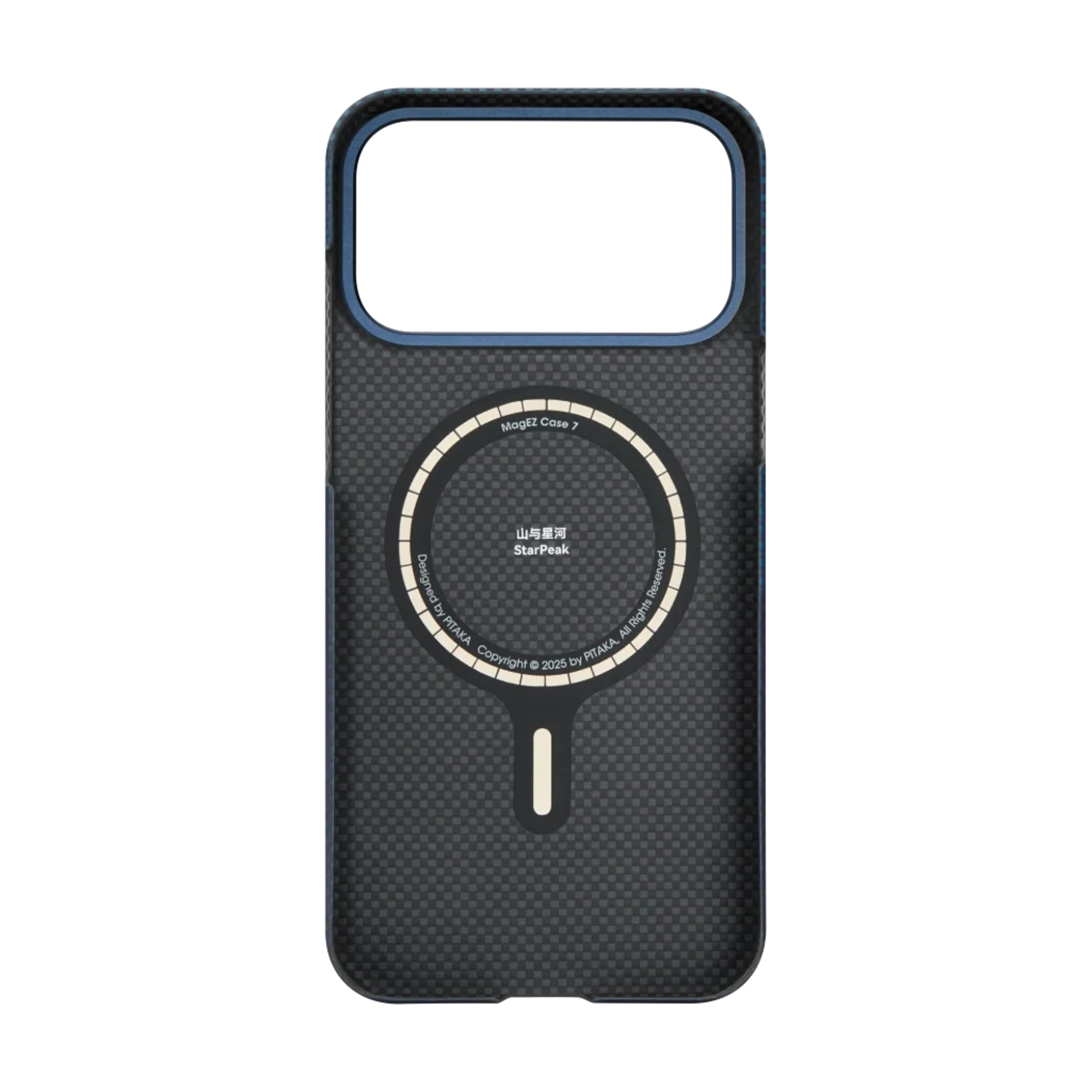 Custodia per smartphone blu con motivo in fibra di carbonio e anello magnetico interno.