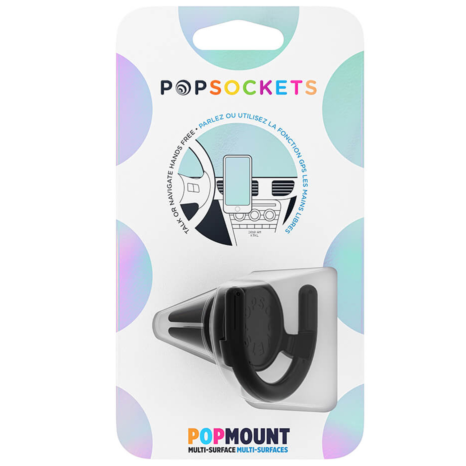 Verpakte zwarte Popsockets Popmount autohouder op witte achtergrond met kleurrijke stippen.