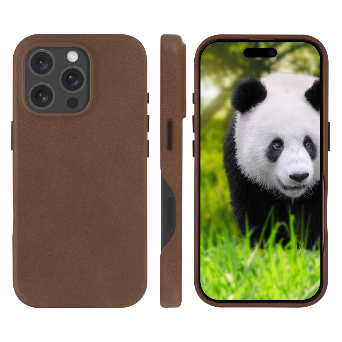 Braune Handyhülle mit Kameraausschnitt und seitlicher Ansicht sowie ein Panda auf dem Bildschirm.