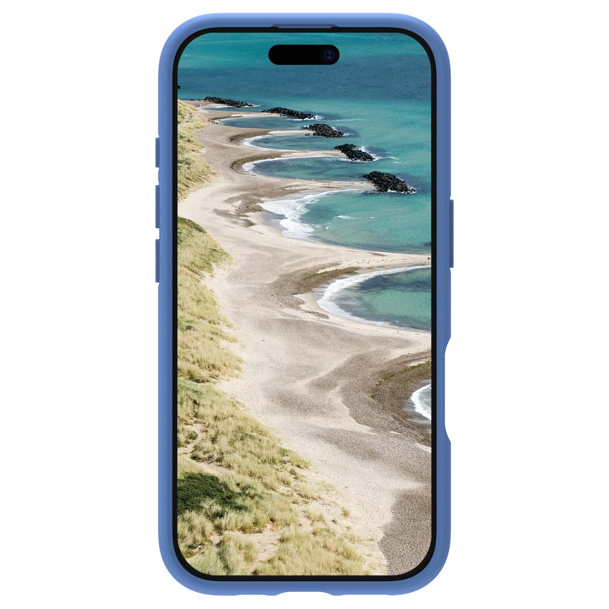 Un teléfono inteligente en una funda azul muestra una vista aérea de una costa arenosa con agua turquesa en su pantalla.