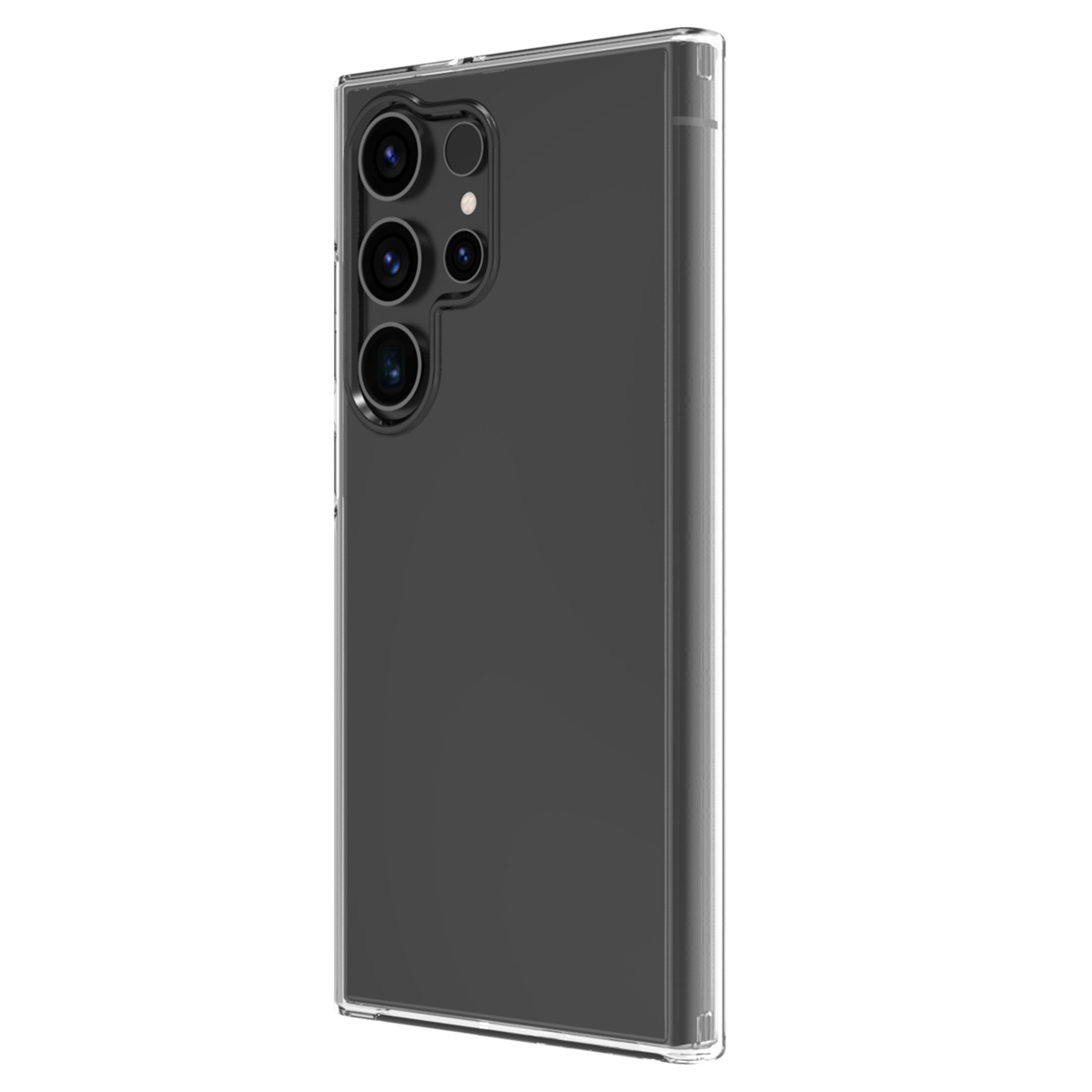 Rückansicht eines dunklen Smartphones in einer transparenten Schutzhülle, vier Kameras auf der linken Seite.