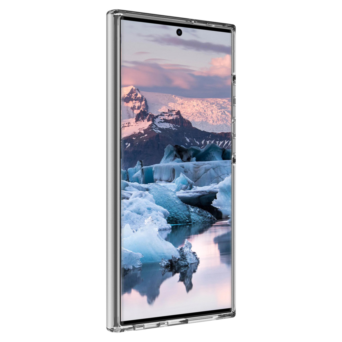 Ein Smartphone in einer durchsichtigen Hülle zeigt eine schneebedeckte Berg- und Gletscherlandschaft mit Wasserreflexionen.