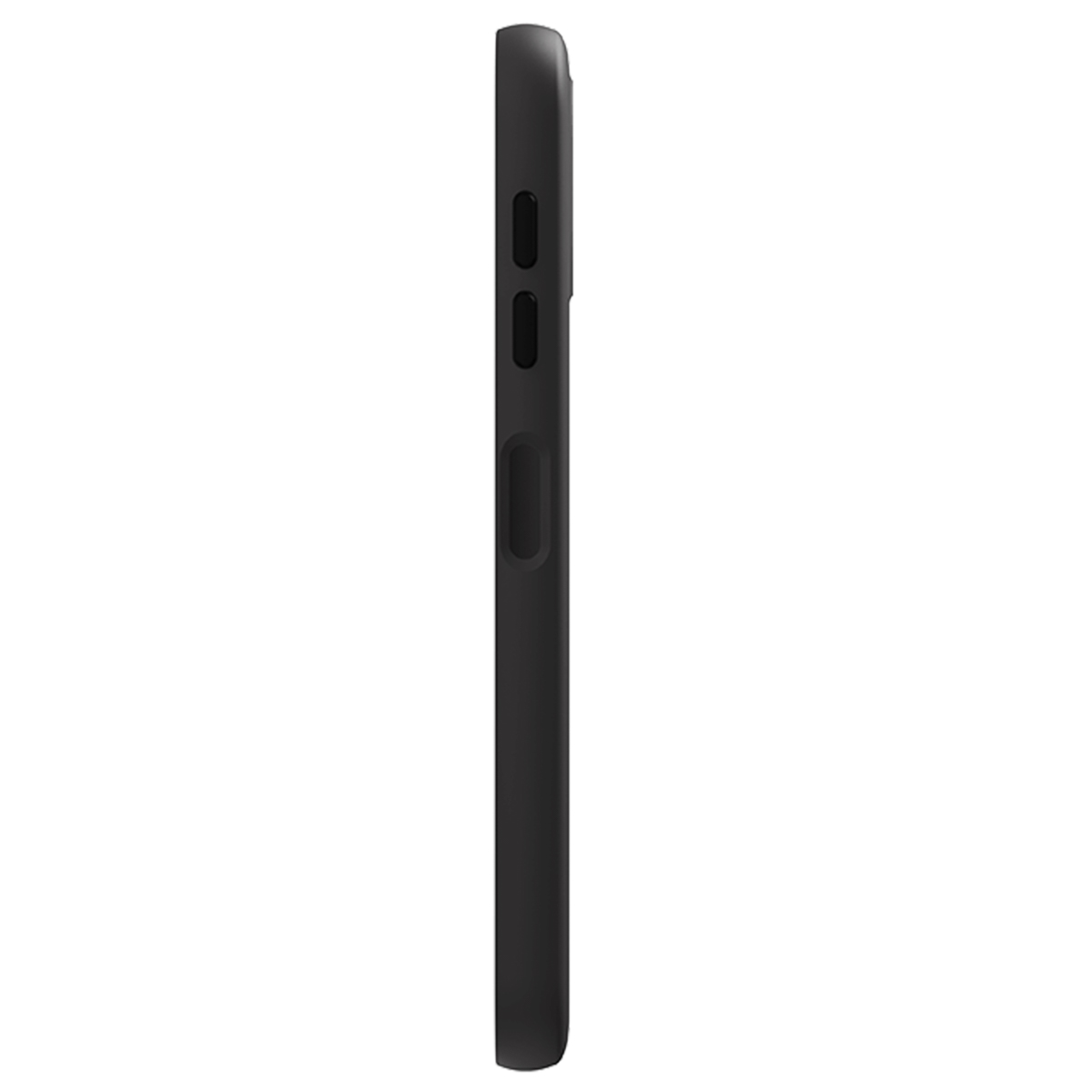 Seitenansicht eines schwarzen Smartphones mit drei Tasten und einem flachen Design.