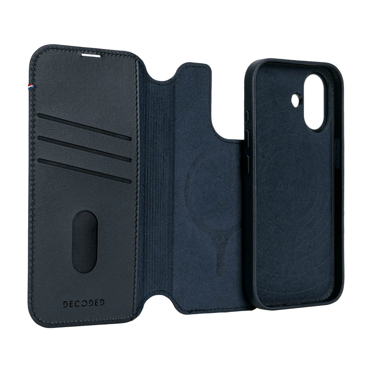 Offene dunkelblaue Handy-Brieftasche aus Leder mit Kartenschlitzen und Markenlogo auf weißem Hintergrund.