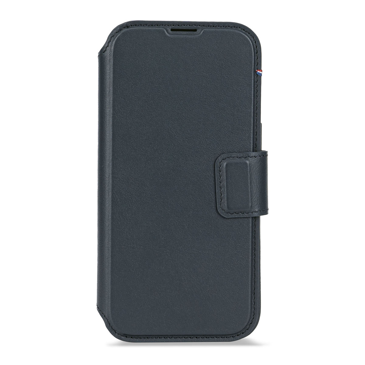 Eine schwarze Handytasche aus Leder mit Magnetverschluss.
