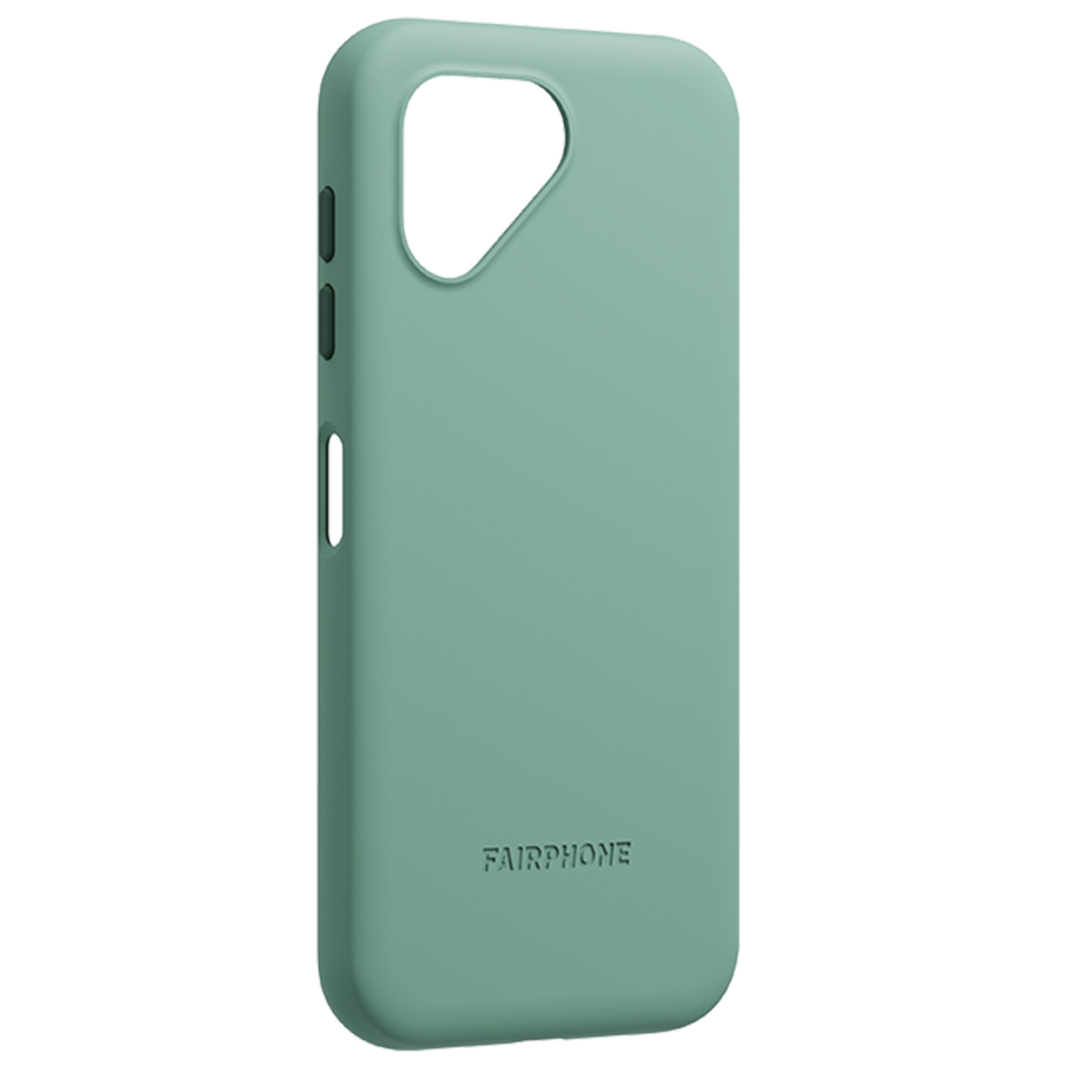 Eine hellgrüne Smartphone-Hülle mit Kamera-Aussparung und dem Fairphone-Logo unten.