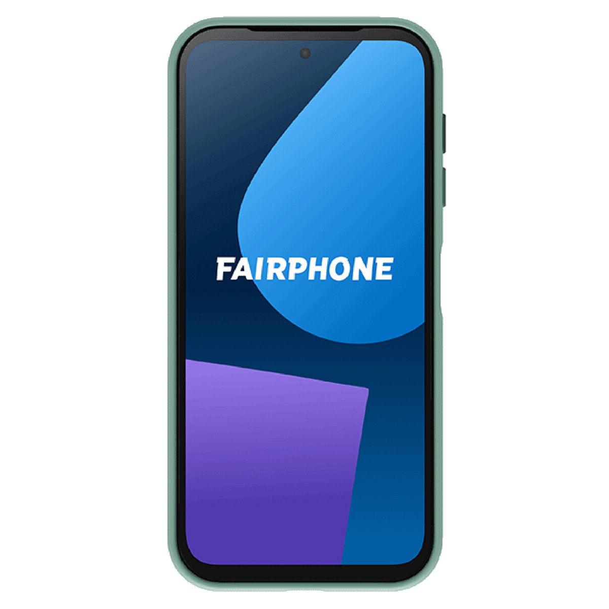 Ein grünes Fairphone mit blau-violettem abstraktem Hintergrundbild und Markennamen auf dem Bildschirm.
