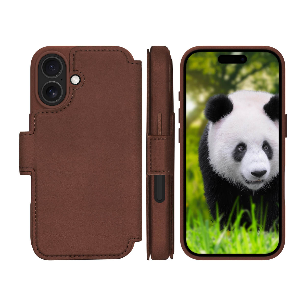 Braune Leder-Handyhülle, Rückseite, Seite und Vorderseite mit einem süßen Pandabär auf dem Bildschirm.