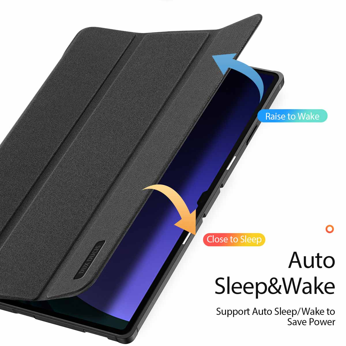 Ein schwarzes Tablet-Cover mit Text, der Auto-Sleep und Auto-Wake-Funktionen erklärt.