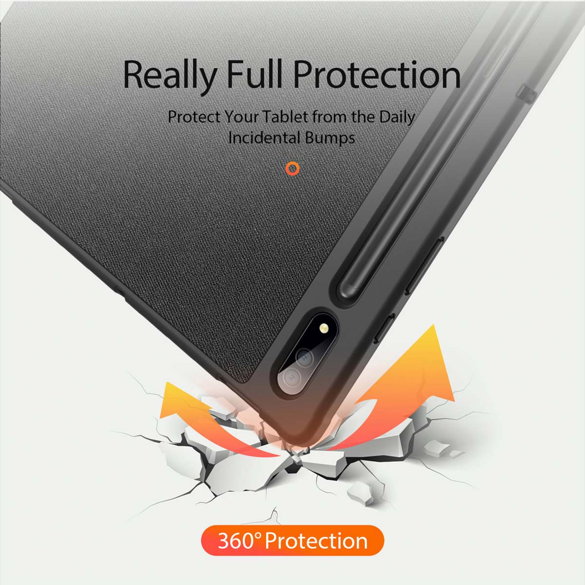 Ein Tablet in einer Schutzhülle über einem rissigen Boden mit Text darüber.