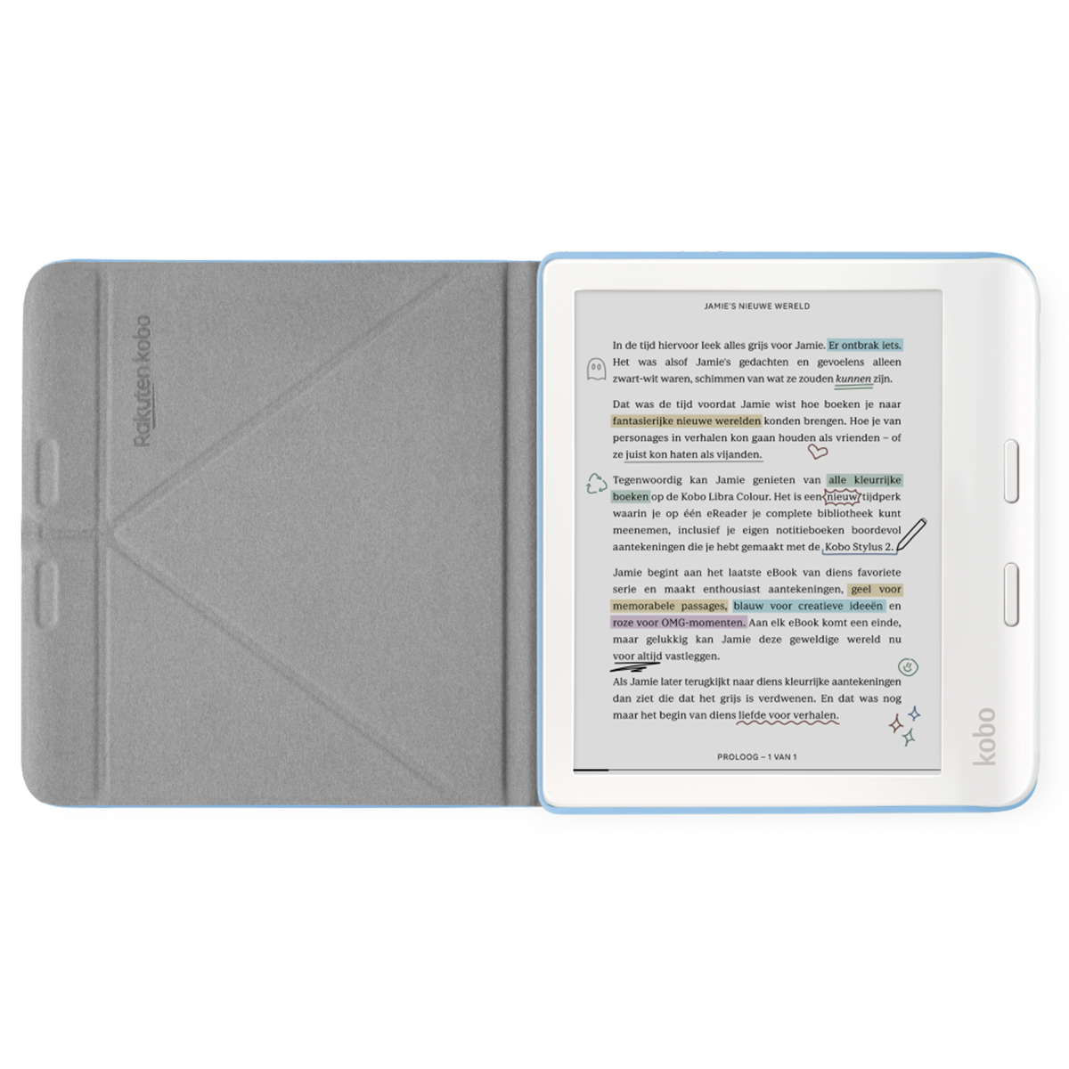 Ein weißer E-Reader mit offenem grauen Schutzcover zeigt eine Buchseite mit farbigen Hervorhebungen und Notizen.