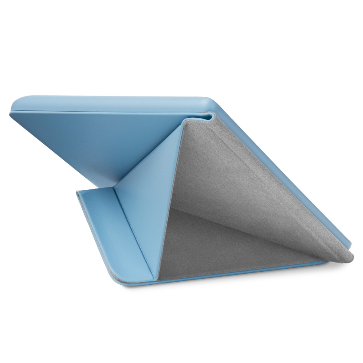 Ein blauer Tablet-Ständer aus Leder mit weichem grauen Innenfutter, gefaltet in einer dreieckigen Standposition.