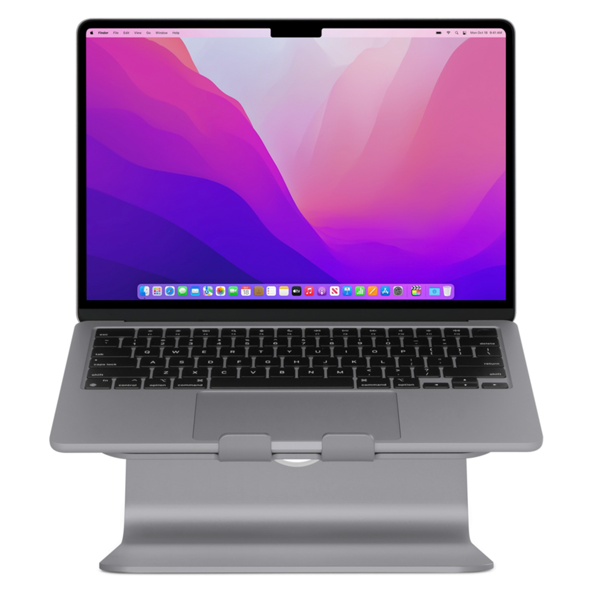 A laptop with a pink wallpaper on a gray stand against a white background.