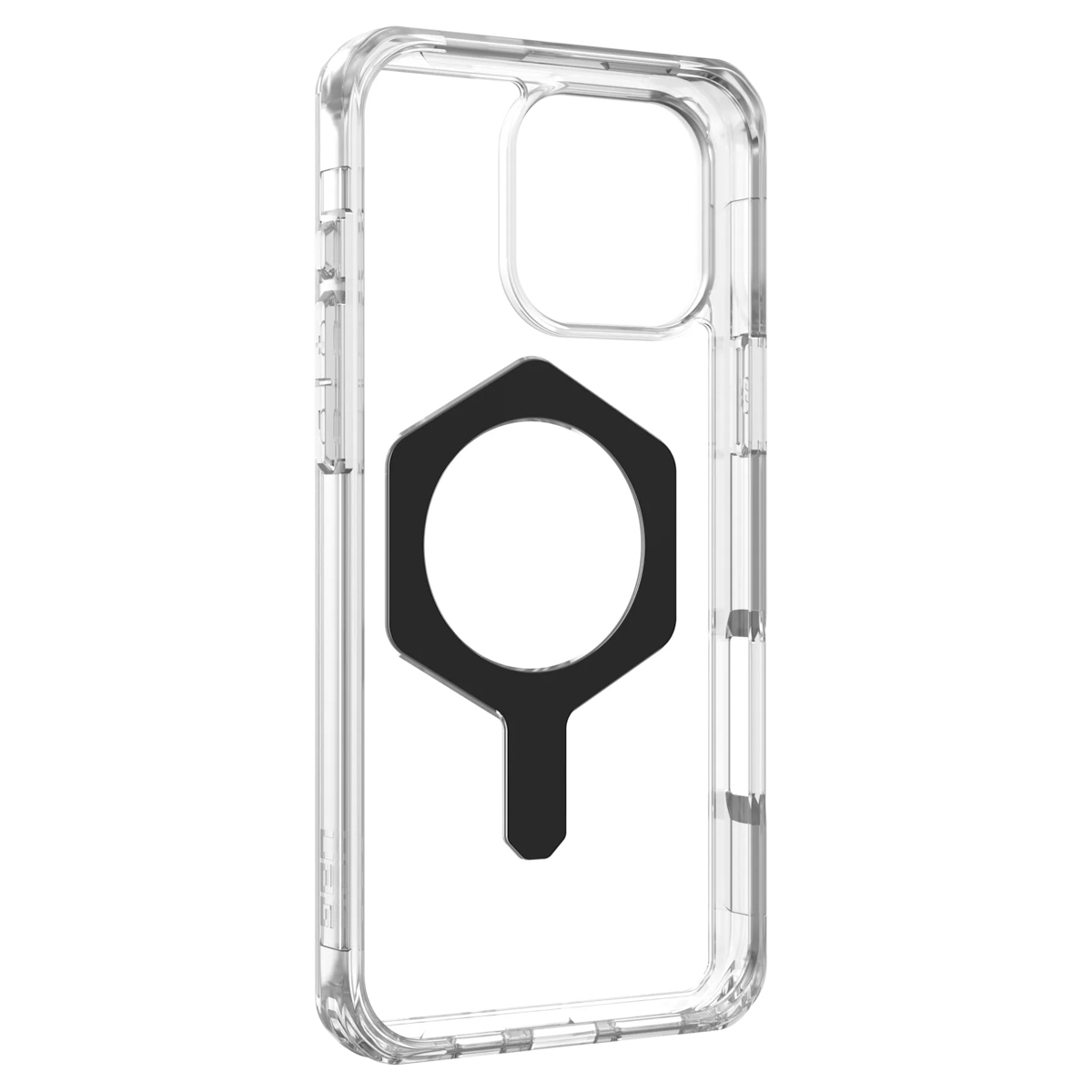 Transparente Handyhülle mit schwarzem MagSafe-Symbol auf der Rückseite.