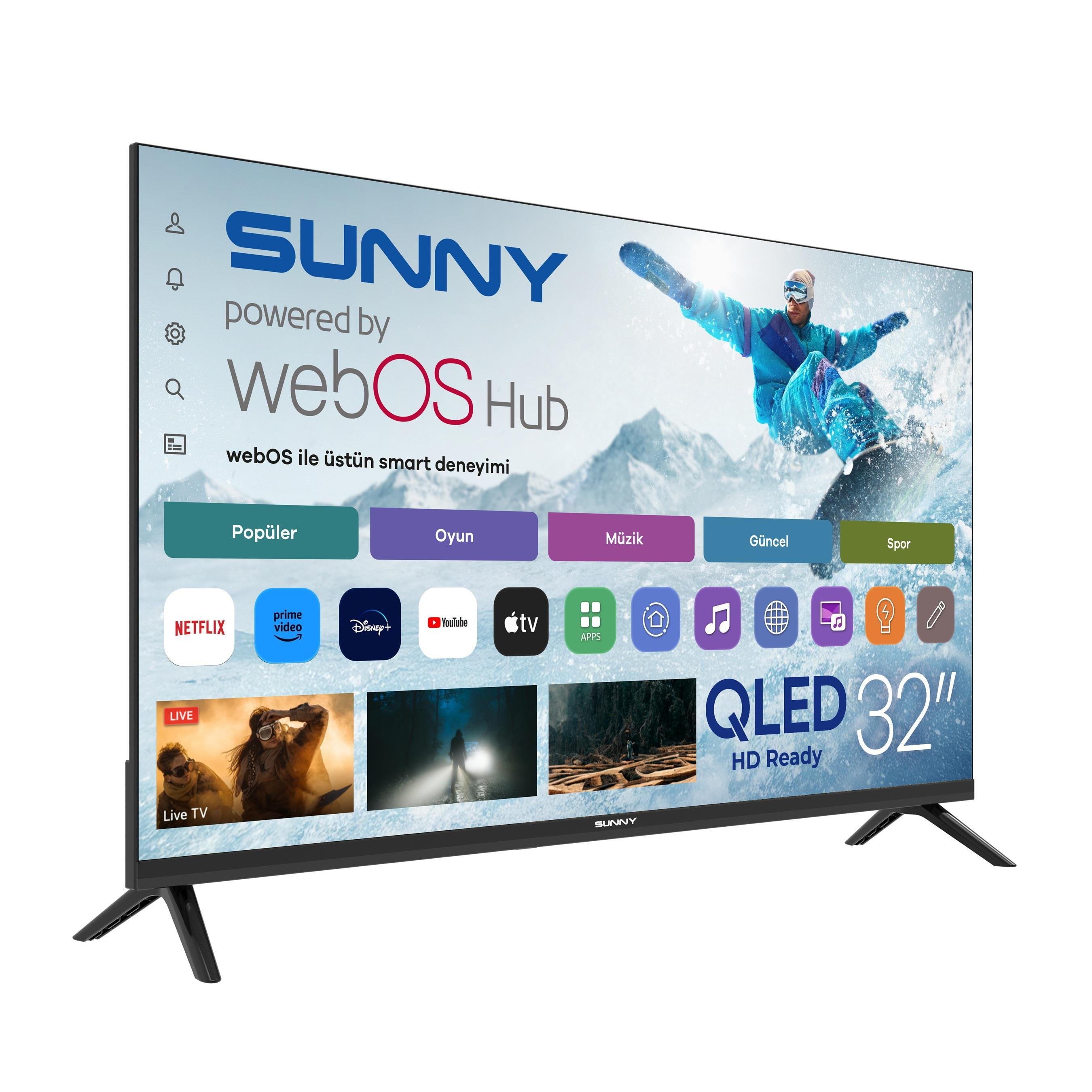 Sunny QLED 32" akıllı TV, bir webOS Hub arayüzü ve bir snowboard görseli gösteriyor.