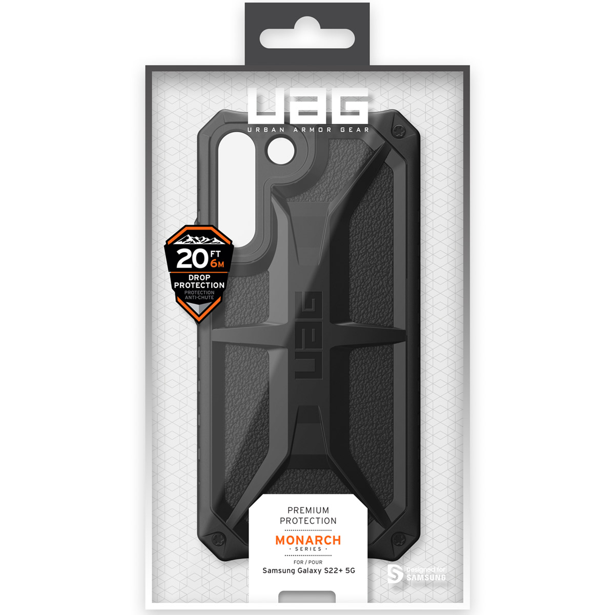 Schwarze UAG Monarch Schutzhülle für Samsung Galaxy S22+ 5G in Originalverpackung mit 20ft Fallschutz.