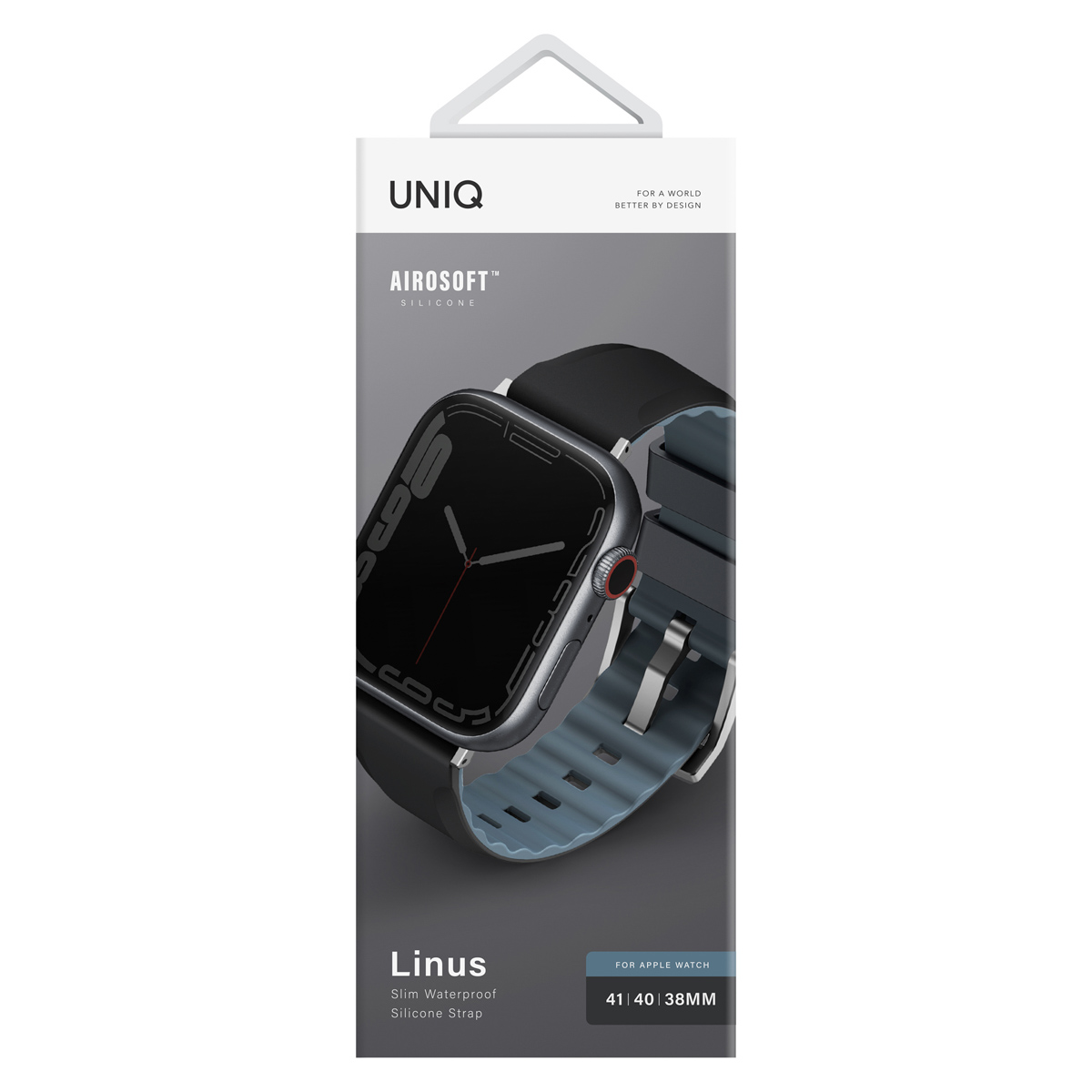 Gri saat fotoğrafına sahip Apple Watch için Uniq Linus ince su geçirmez silikon kordon ambalajı.