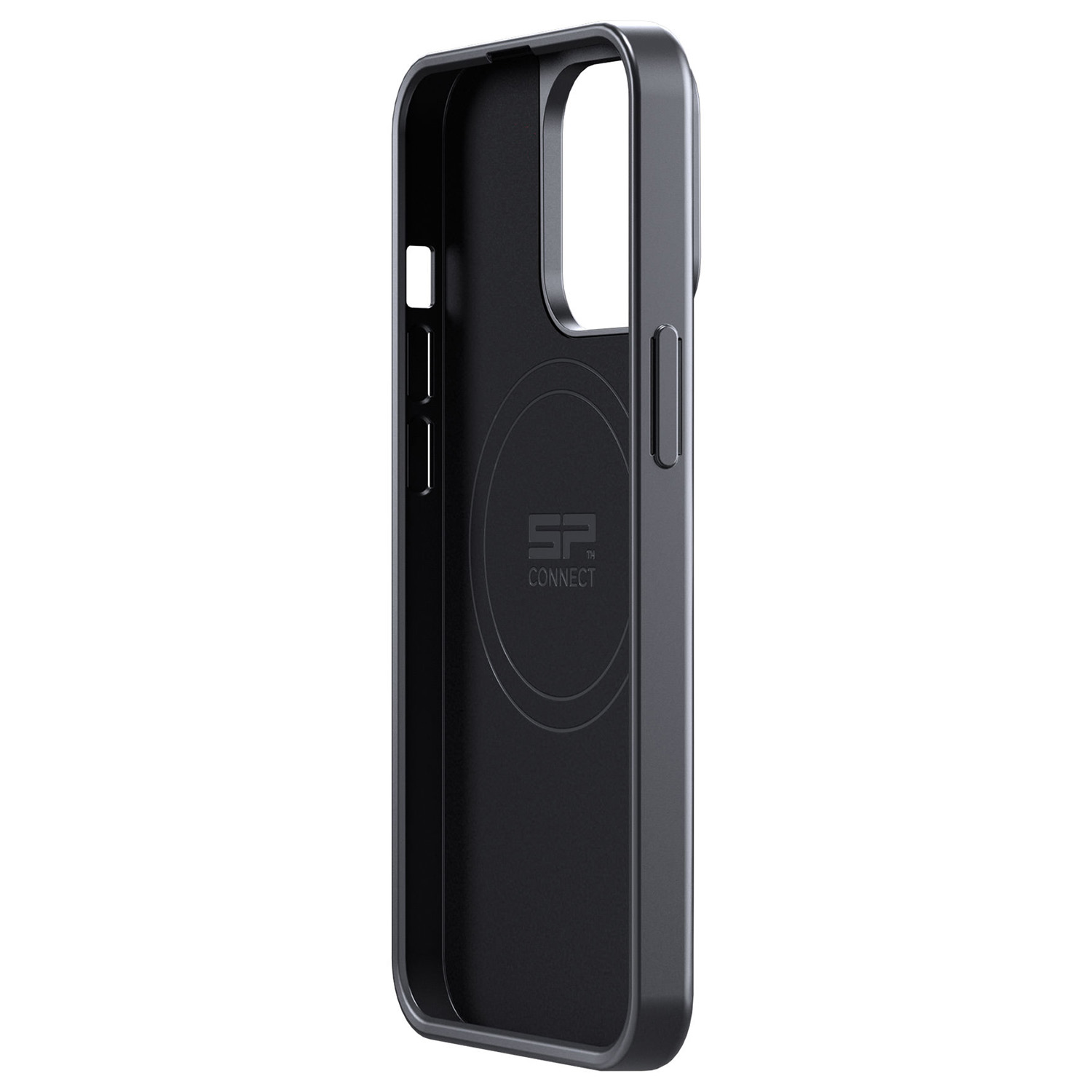 Eine schwarze Smartphone-Hülle mit kreisförmigem Ring und SP Connect-Logo auf der Innenseite vor weißem Hintergrund.