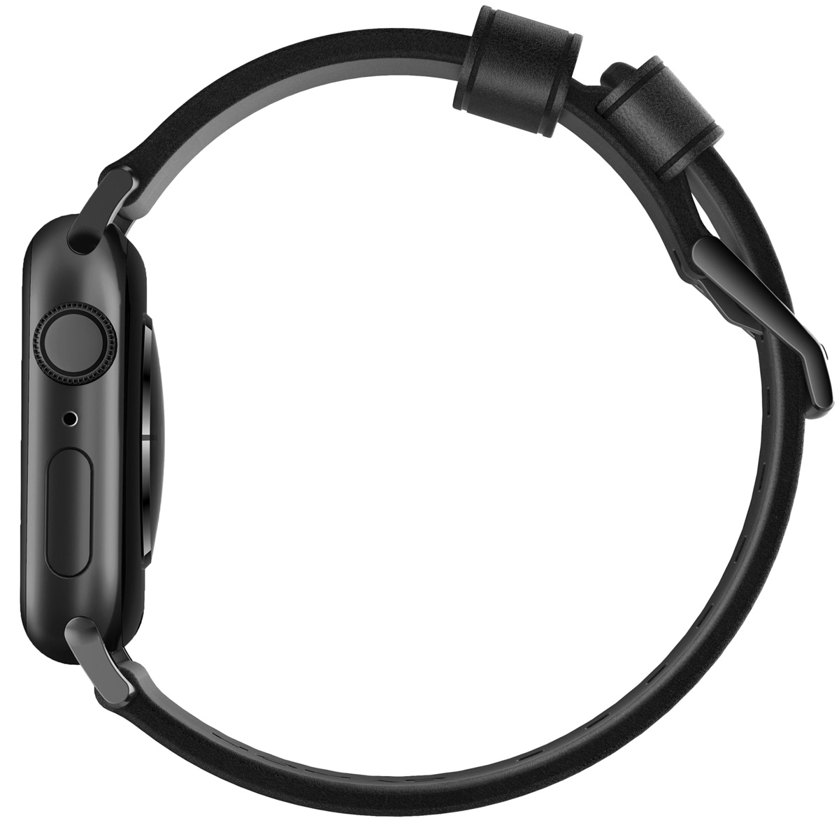 Czarny smartwatch z czarnym skórzanym paskiem na białym tle, widziany z boku.