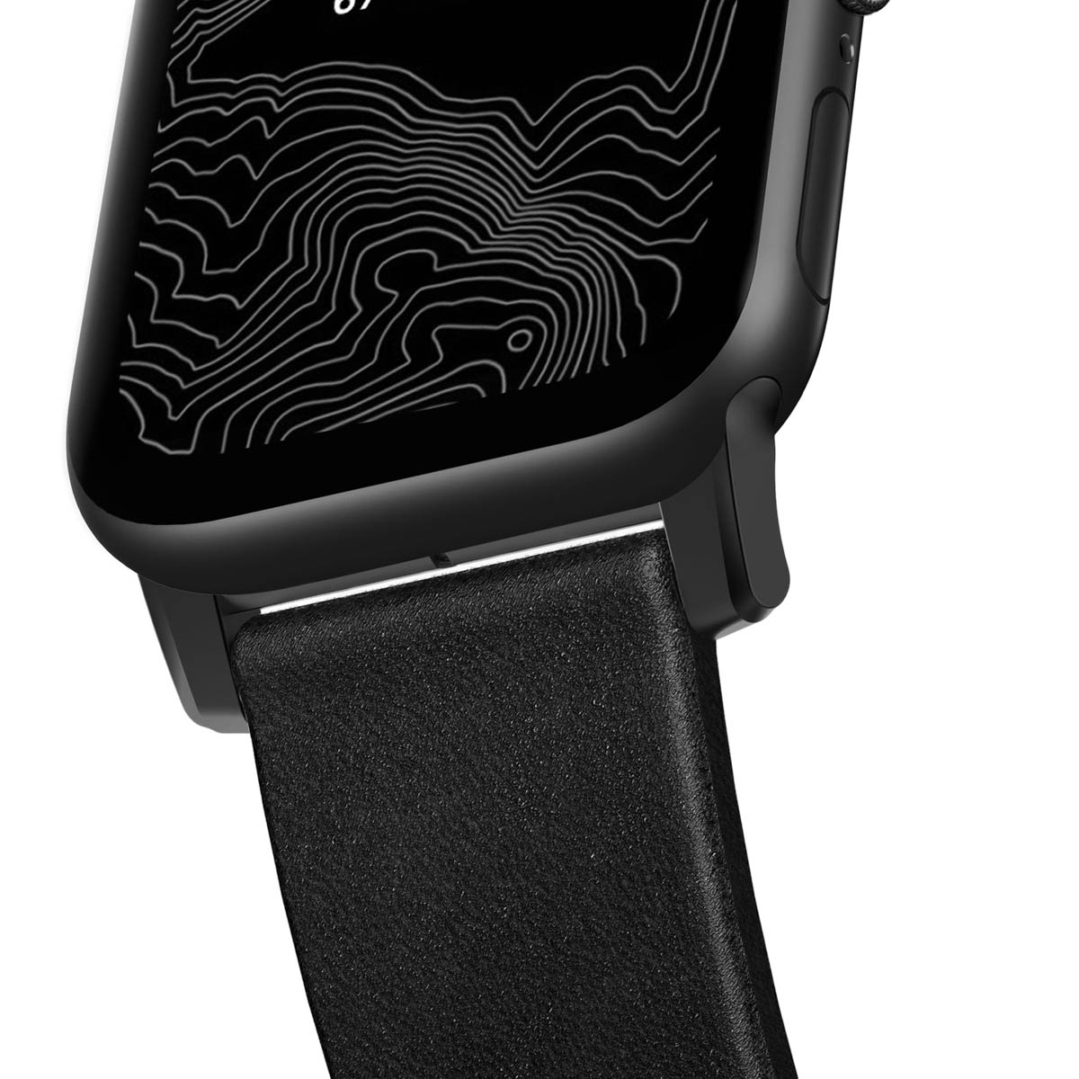 Czarny smartwatch z skórzanym paskiem i białym wzorem linii na ekranie.