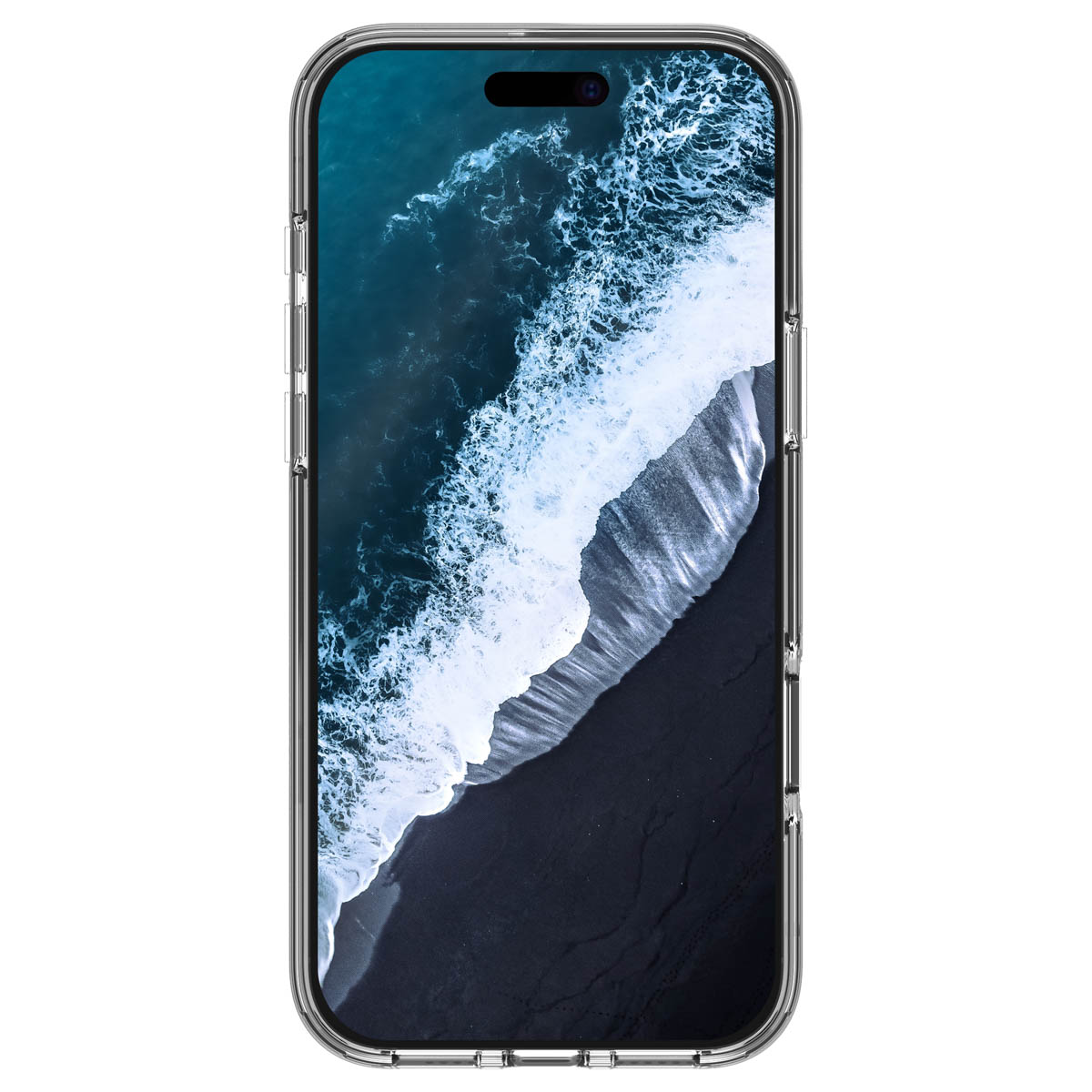 Smartphone in cover trasparente con onde oceaniche su una spiaggia di sabbia nera.