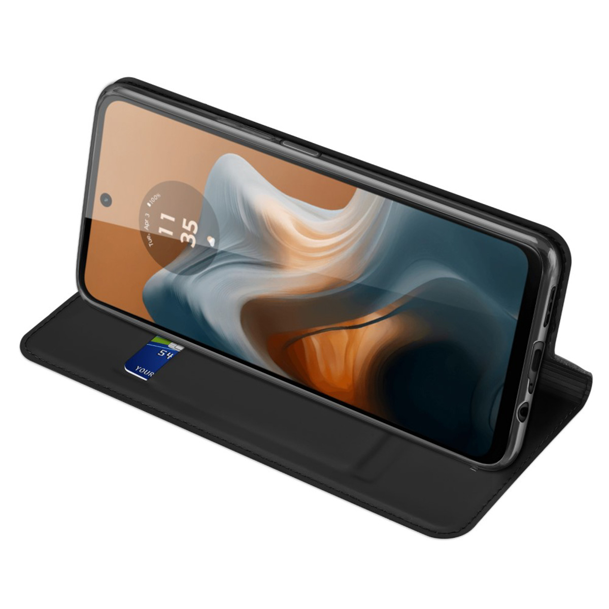 Ein Smartphone mit einer Ledertasche in Schwarz, das einen Karteneinschub und ein abstraktes Bildschirmdesign zeigt.
