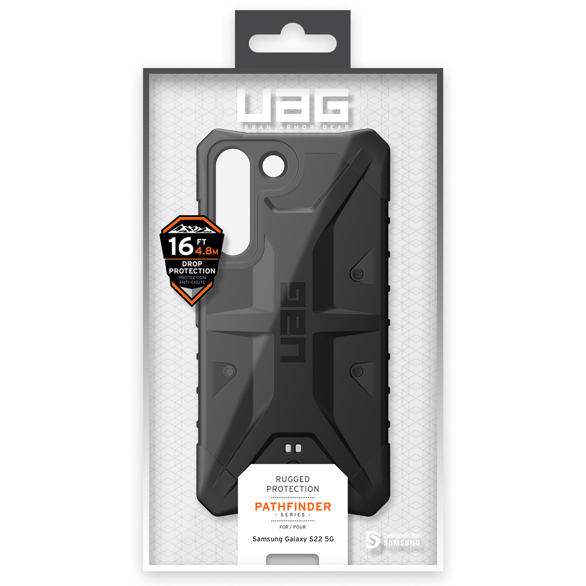 Schwarze UAG Pathfinder Schutzhülle für Samsung Galaxy S22 5G in Verpackung.