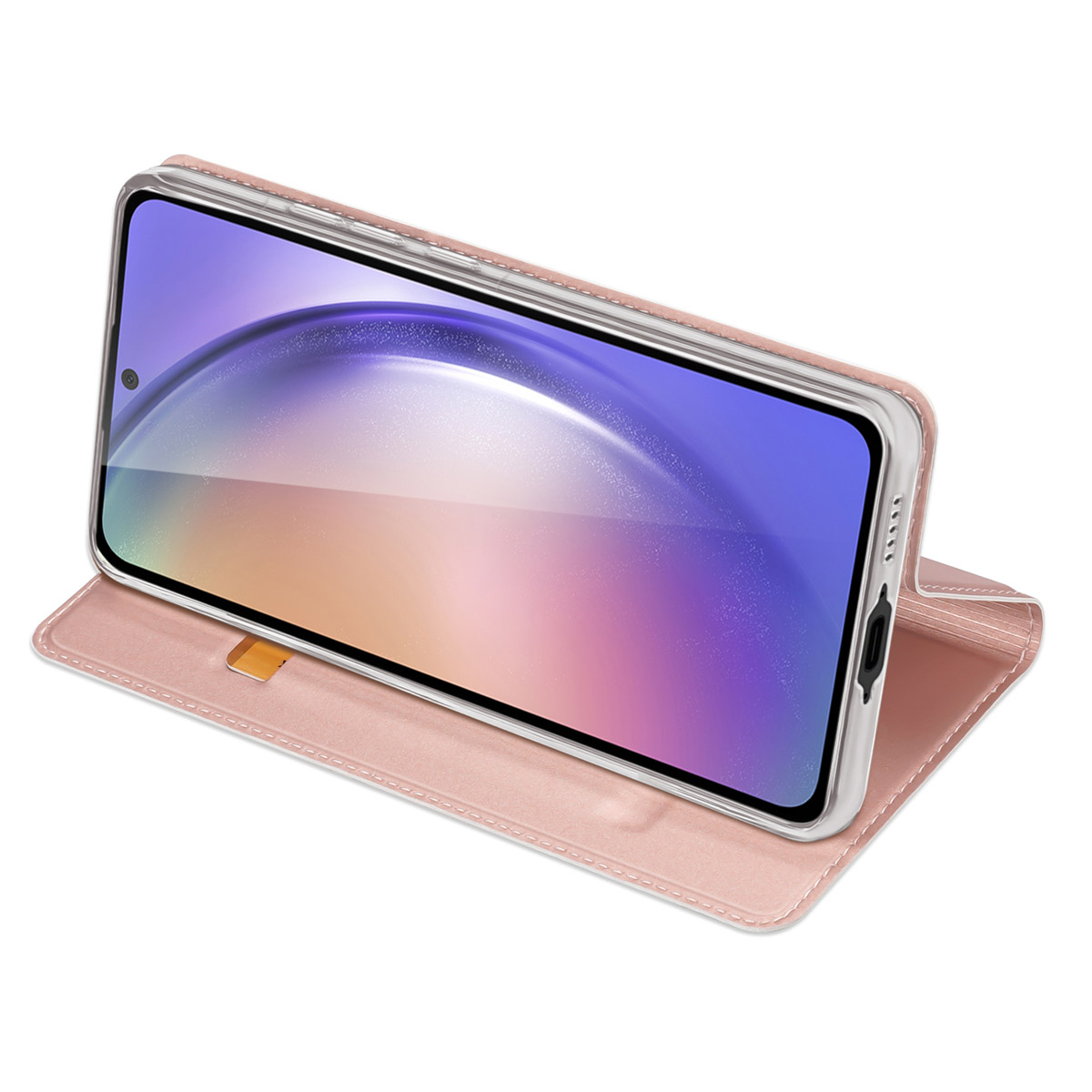 Smartphone in rosa Leder-Flip-Case vor weißem Hintergrund.