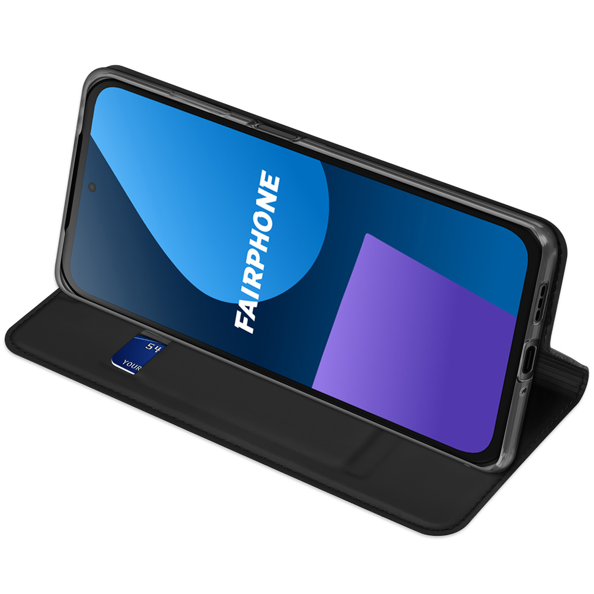 Uno smartphone in custodia nera a libro con grafica Fairphone blu sullo schermo e una tessera visibile.