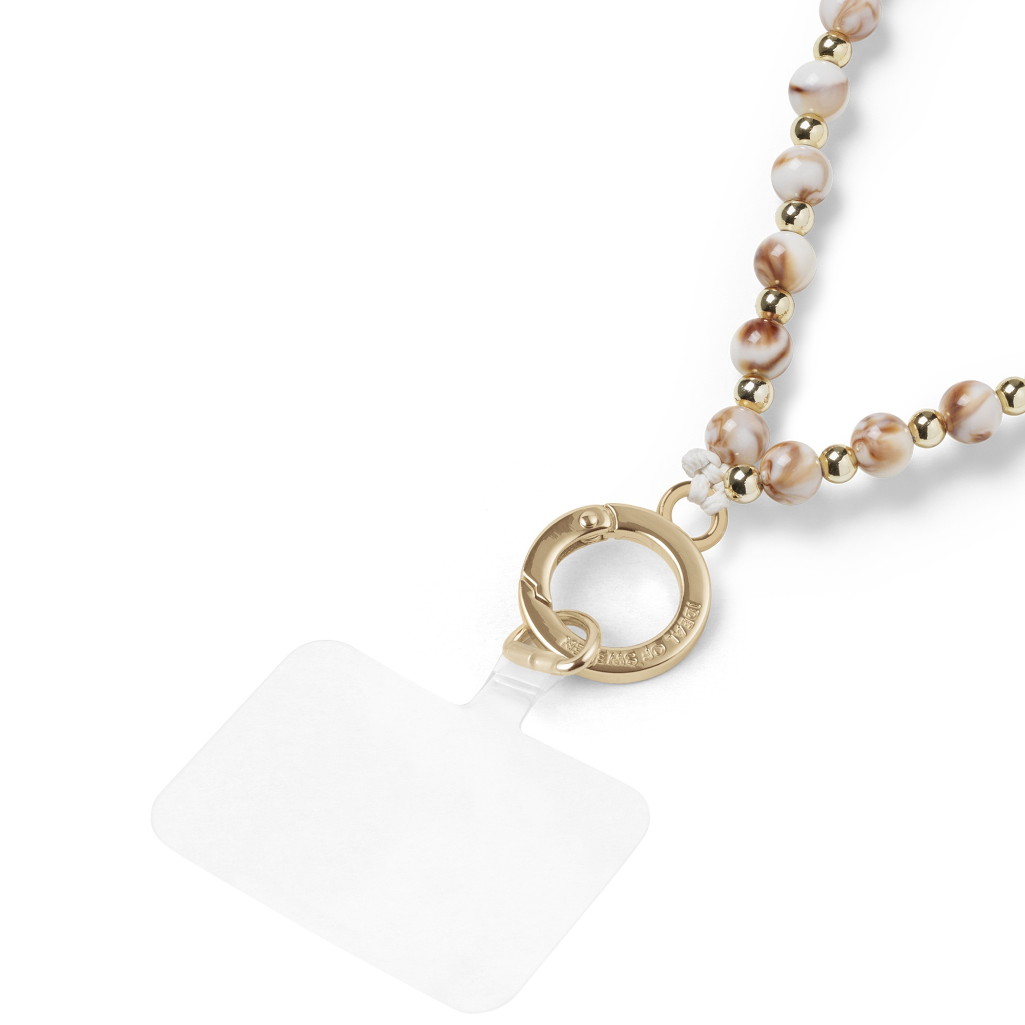 Goldene Handykette mit braun-weißen Perlen und durchsichtigem Patch.