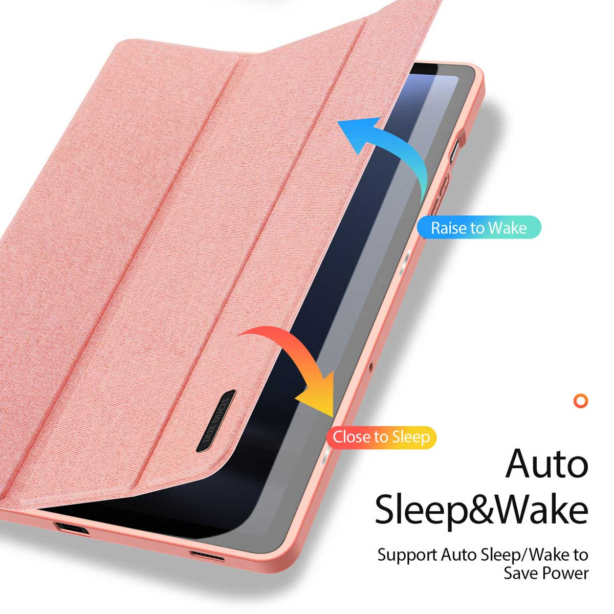 Custodia per tablet rosa con funzione di sospensione e riattivazione.