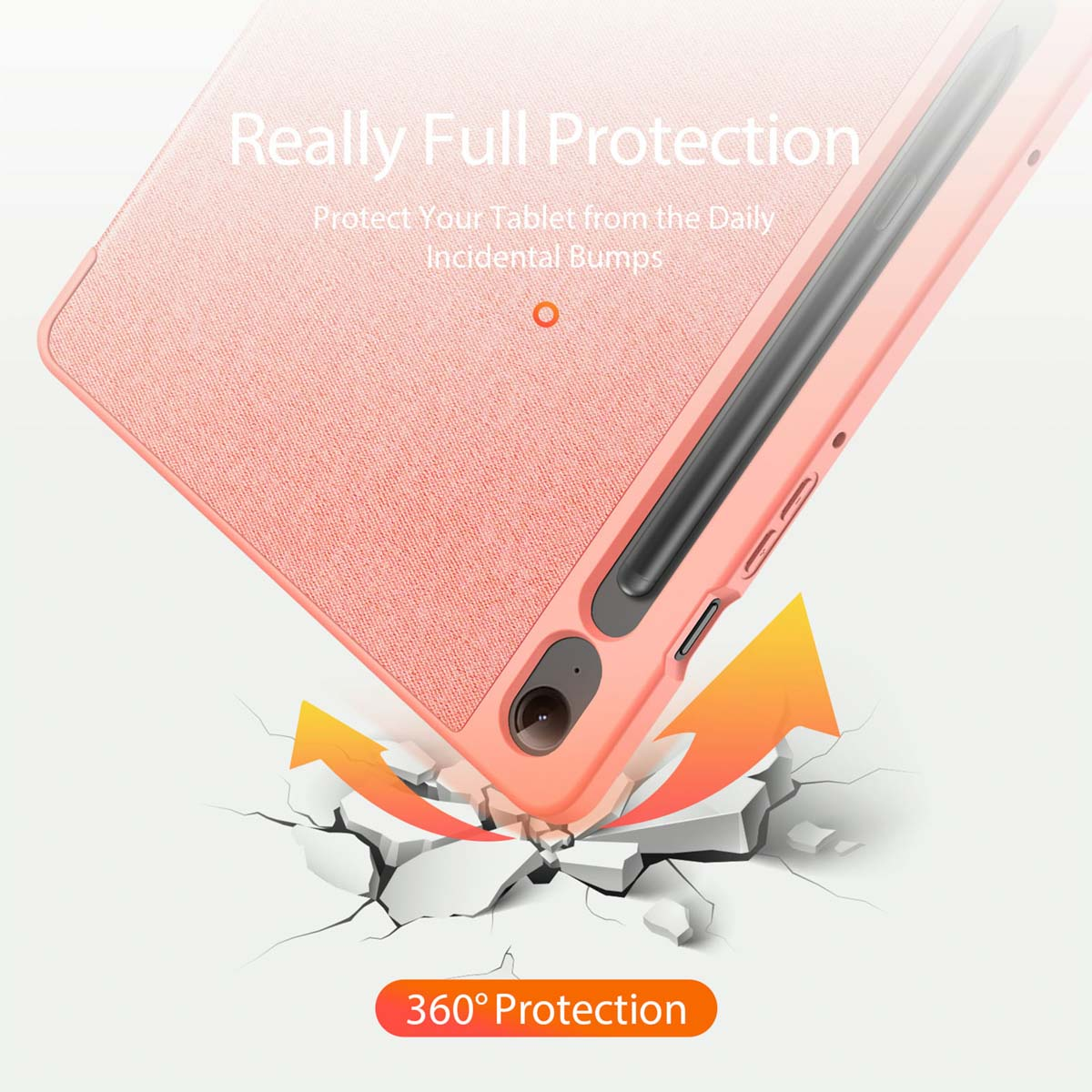 Custodia rosa per tablet con pennino sopra terreno che si rompe, testo di protezione totale.