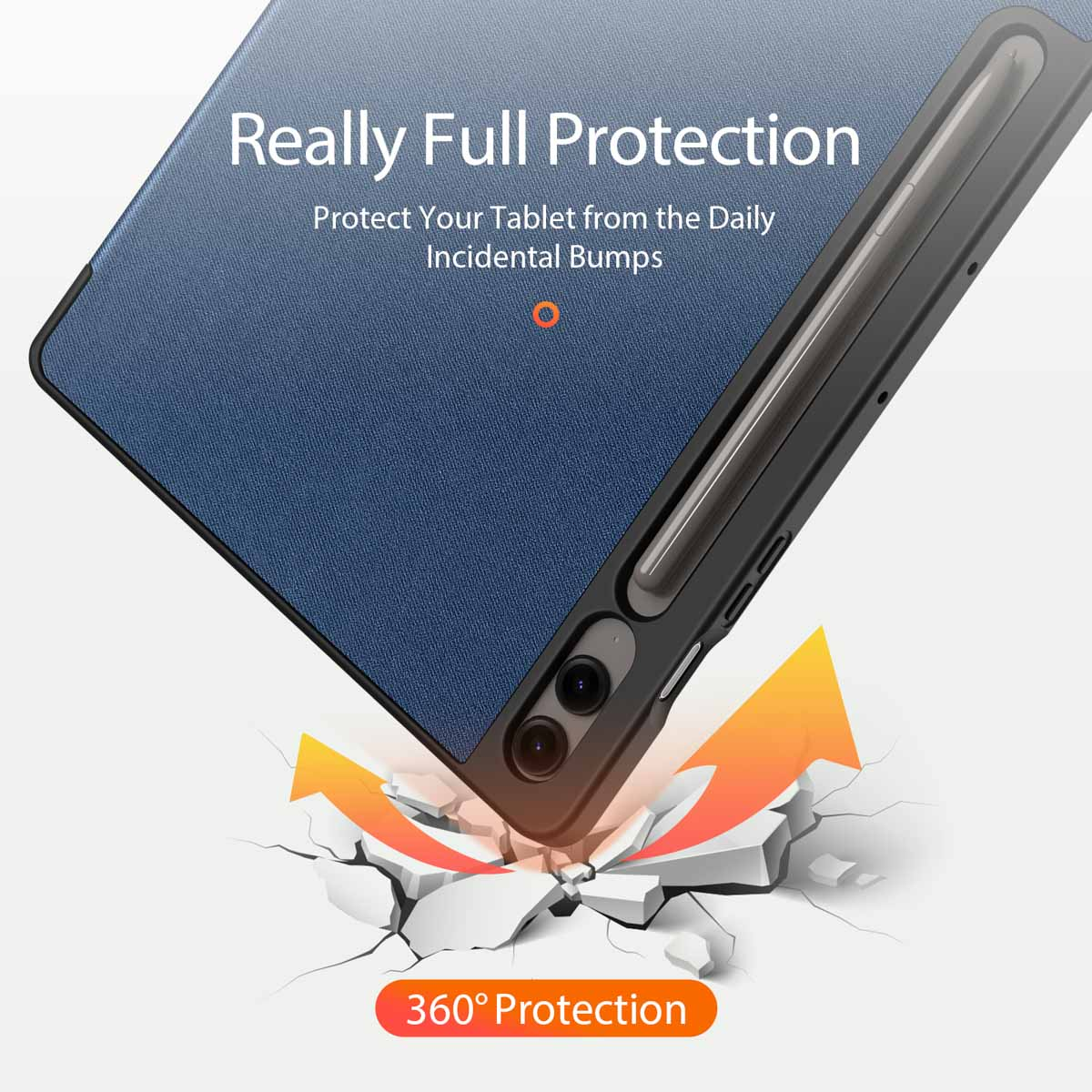 Tablet in custodia blu con pennino su terreno che si rompe, con testo sulla protezione.