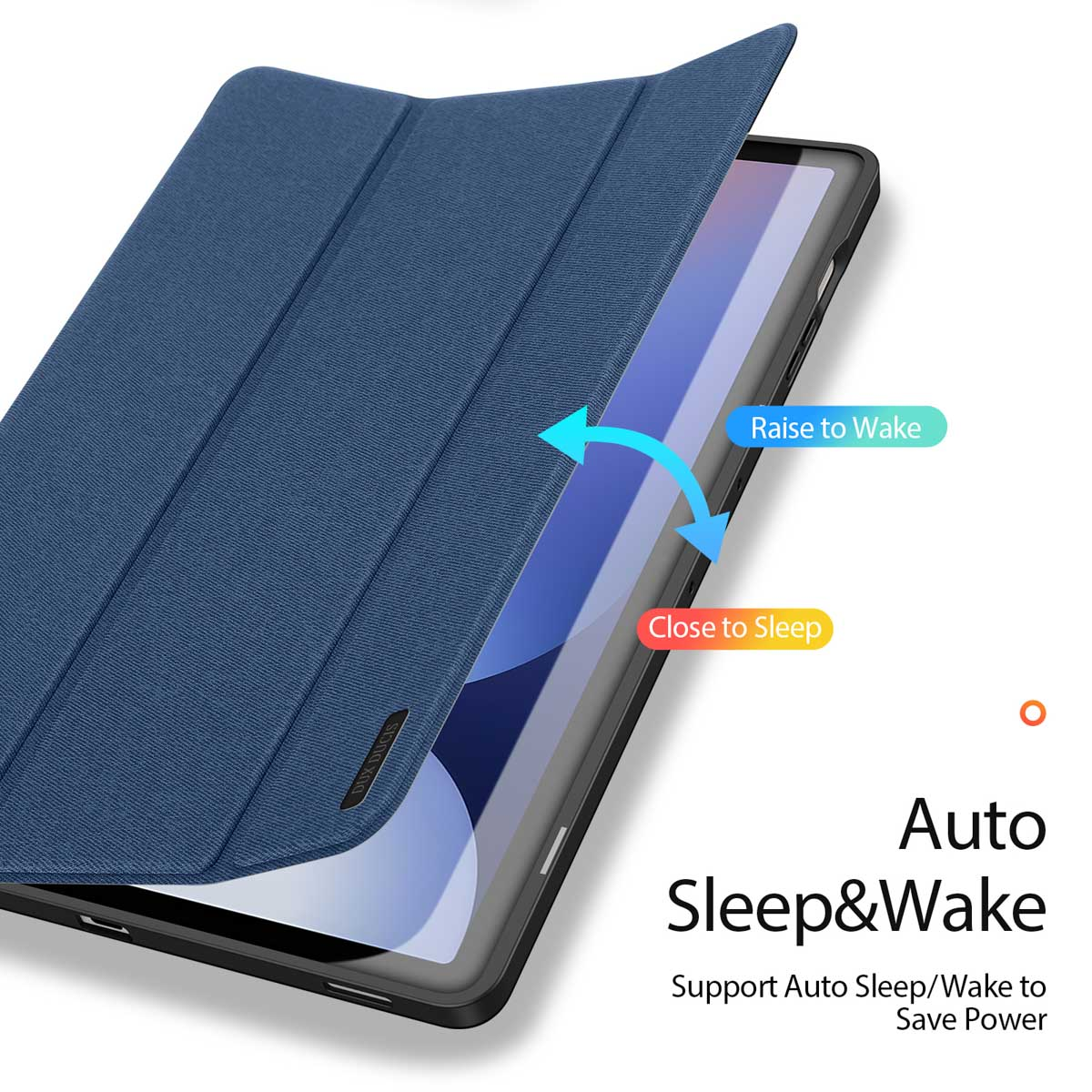 Custodia per tablet blu con funzione di sospensione e riattivazione automatica.