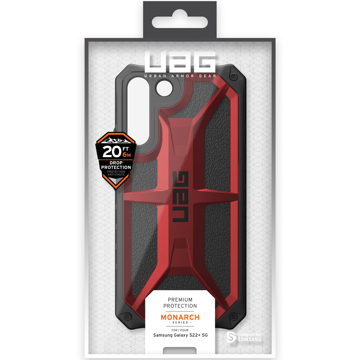 Eine UAG Monarch Schutzhülle für Samsung Galaxy S22+ 5G in Rot und Schwarz, verpackt in einer Produktbox.